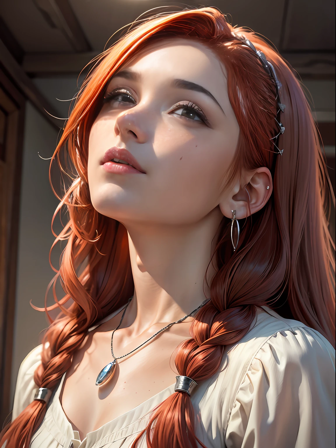 8K, photo in RAW format, topquality),(Epic realism:1.5), A girl, dynamicpose,erotic face, blouse,(A detailed eye:0.8),(looking up at the camera:1.4), (topquality), (better shadow),intricate detials,Cinematic,((Skin:1.4)),interior, (long loose red hair:1.3),dark studio,(HDR:1.5),Detailed, Muted colors, freckles, Silver Necklace, silver earring, wavy hairstyles