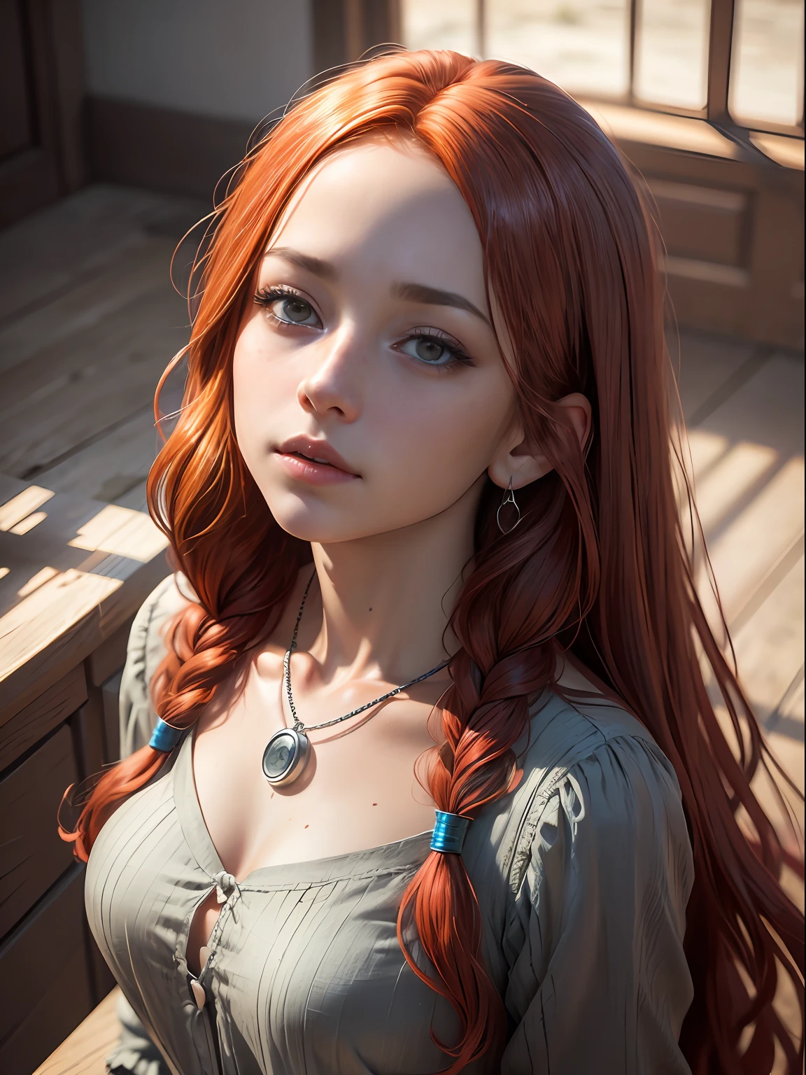 8k, photo in RAW format, topquality),(Epic realism:1.5), A girl, dynamicpose,erotic face, blouse,(A detailed eye:0.8),(looking up at the camera:1.4), (topquality), (better shadow),intricate detials,Cinematic,((Skin:1.4)),interior, (long loose red hair:1.3),dark studio,(HDR:1.5),Detailed, Muted colors, freckles, Silver Necklace, silver earring, wavy hairstyles --auto