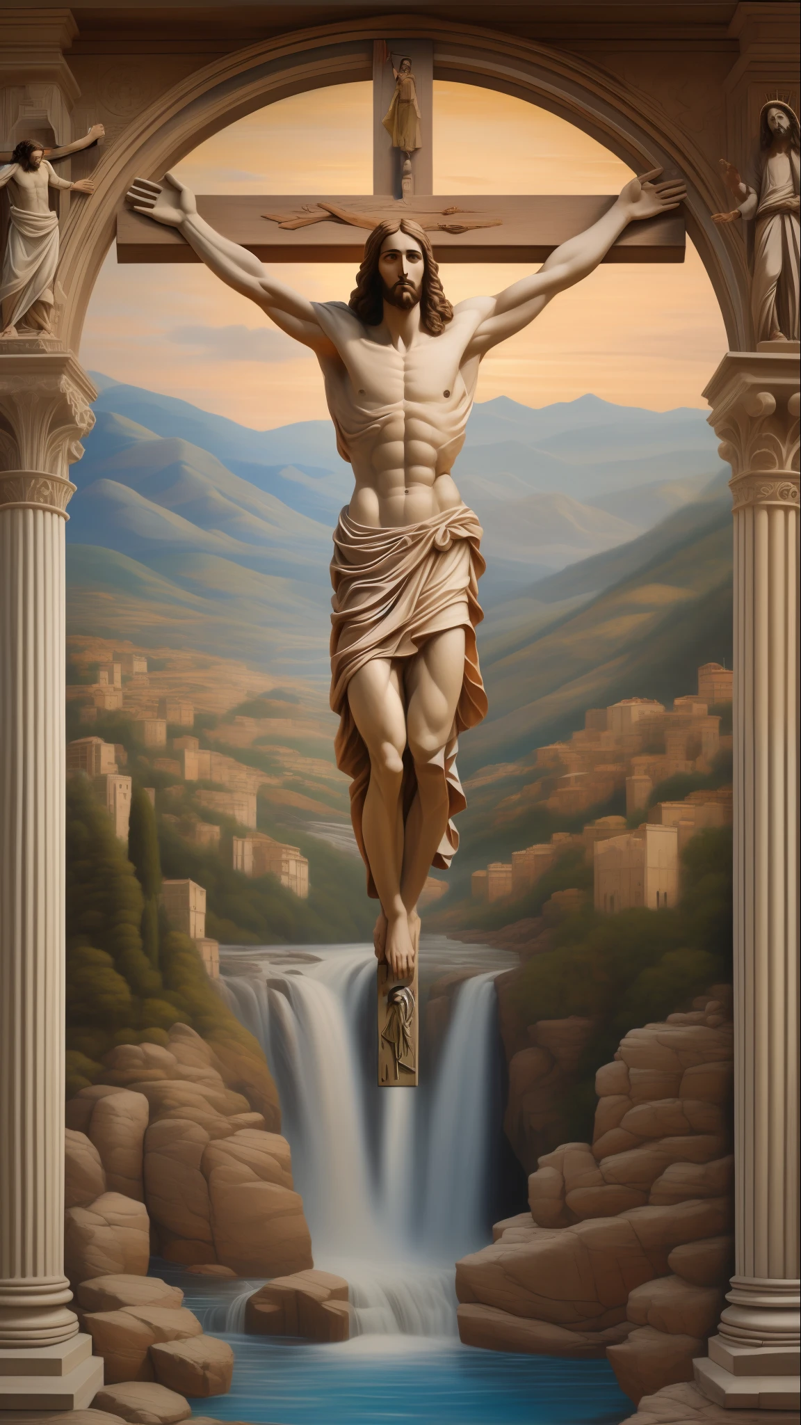 pintura de jesus na cruz com cachoeira e montanhas no fundo, inspirado em Kurt Wenner, Directed by: Vladimir Kush, inspirado em Vladimir Kush, Jesus na Cruz, inspirado em Jules Joseph Lefebvre, breathtaking masterpiece of art, crucifixion, catholic religious art, Jesus Cristo na Cruz, Crucifixo, Jesus na Cruz, Renato Muccillo placeholder image