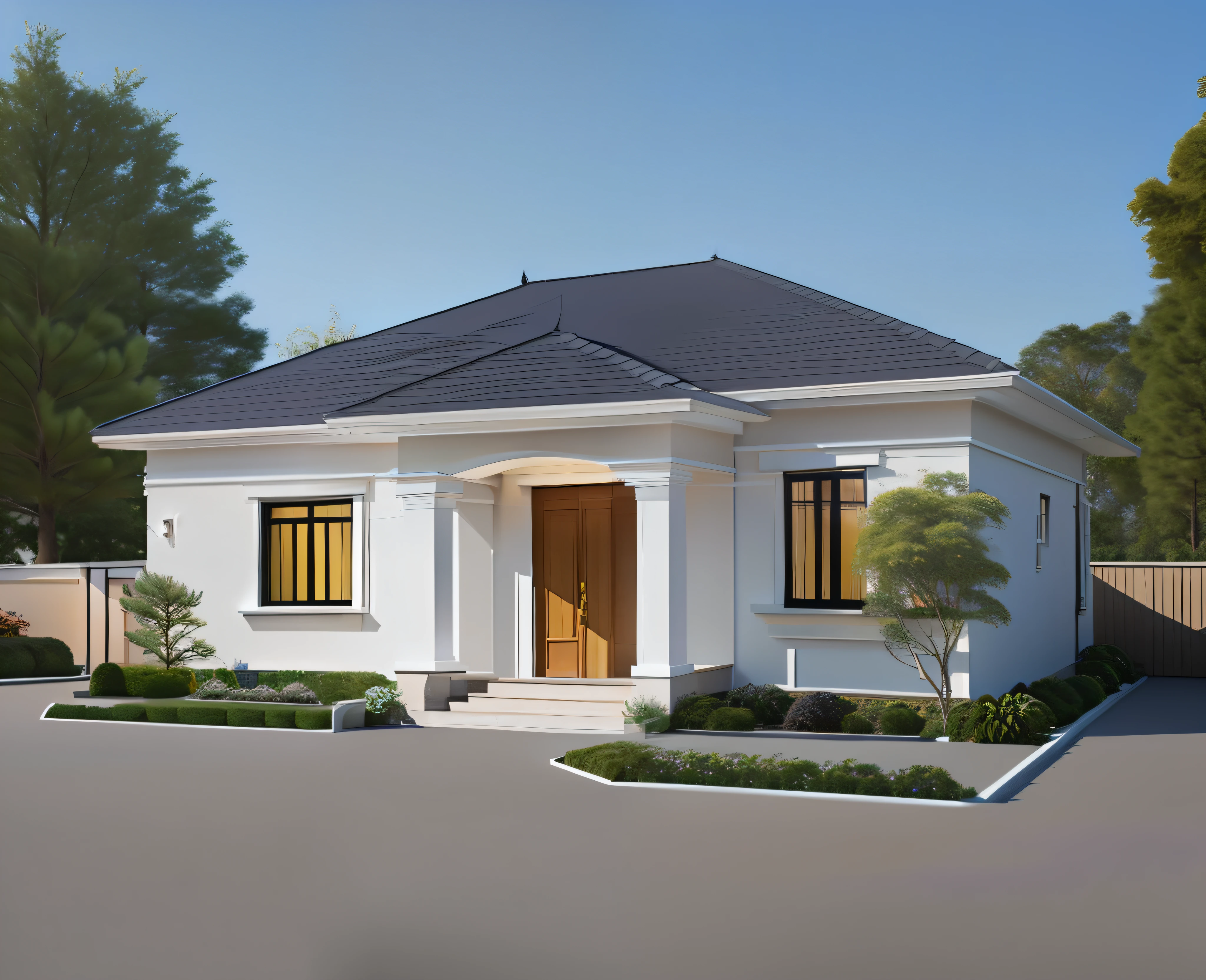 a drawing of a small house with slope roof, (brightenness:1.3), (morden:1.3)), (road:1.3), large space infront of, detail flower front perspective, frontview, perspective view, wide frontal view, front view, front-view, rendering, elevation view, front elevation view, all white render, sketch - up, frontal view, symmetrical front view, front facing view, front elevation, 3/4 front view, front side view,"A picture showcasing a captivating modern villa, featuring an expansive and well-ventilated yard adorned with vibrant flowers and flourishing trees."(RAW photo), highest quality, (masterpiece:1.2), High detail RAW color photo, extremely detailed CG unity 8k wallpaper, (photo realism:1.4), (highres), hyperdetailed, (photorealistic:1.2), (best quality:1.3),perfect anatomy, (exterior), model villa, super realistic , 32k, yellow flowers, green grass, fresh, ((open pose:1.1), yellow flowers, green grass, fresh, bright yellow sunshine, ((feeling of joy: 1.3)),
The lobby pillar is designed in a neoclassical motif with the base of the pillar covered with black granite, the roof neck is painted in coffee brown to create a pleasant feeling, 3 lightning rods, summer noon light