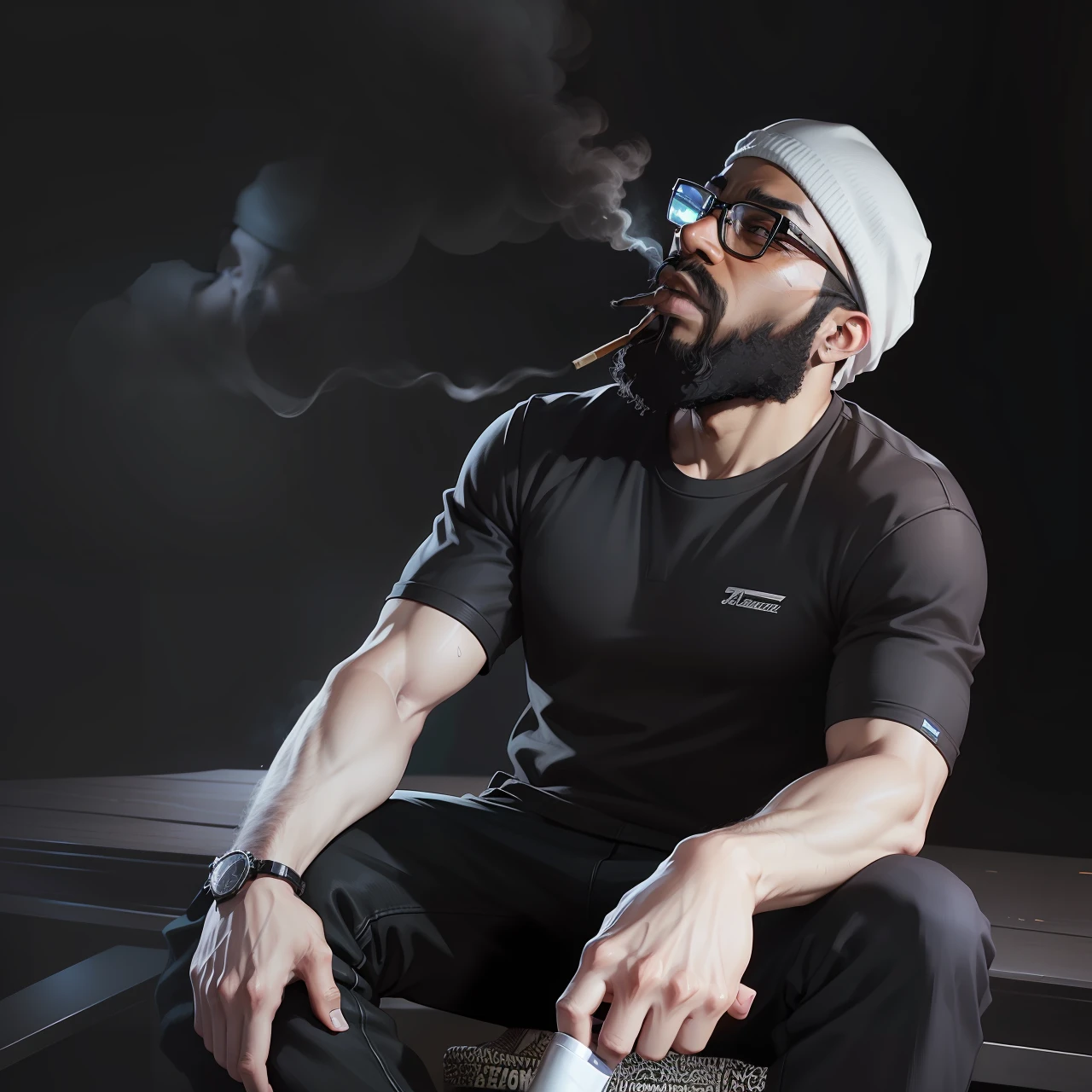 a black man, bearded, smoking, with glasses, with cap, in gta sytle , ilustration --auto