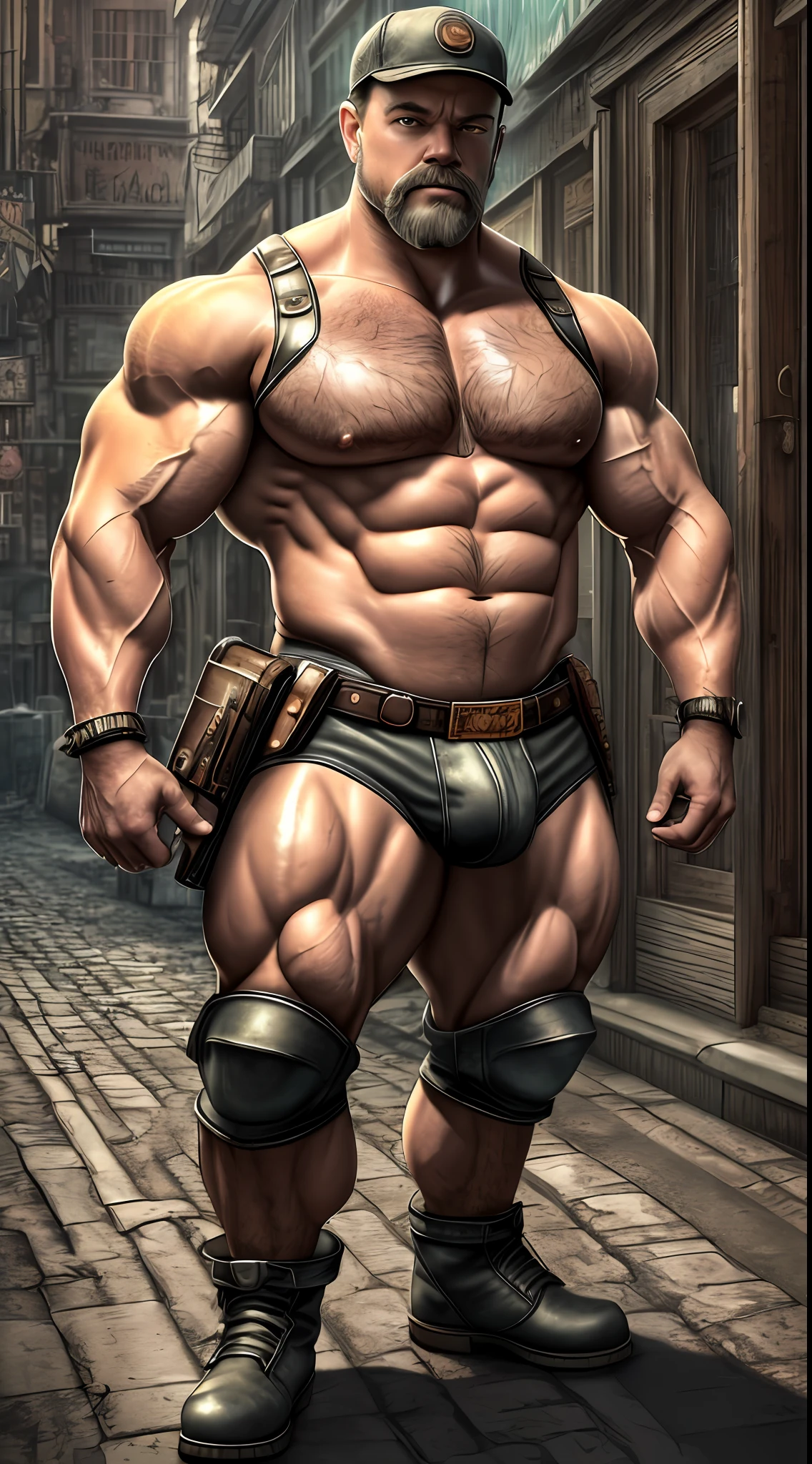 Cybepunk aesthetic, 8k, super detail, A portrait full body of Matt Damon moustache beard, age 50 yo heavy truckers interacting lovely, medium hair shaved sides, Strong, muscular, hairy big belly bodybuilder, jockstrap showing very hairy pubs groin area, bulge, leather boots, epic realistic, photo, faded, neutral colors, ((((hdr)))), muted colors, intricate scene, artstation, intricate details, vignette