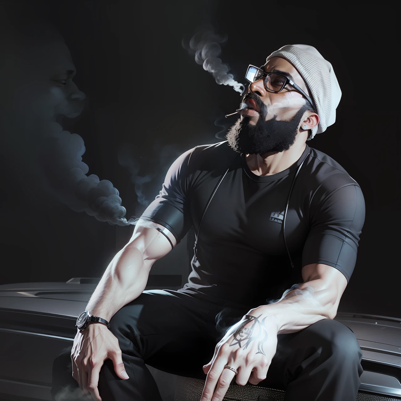a black man, bearded, blowing smoke out of the mouth, with glasses, with cap, in gta sytle , ilustration --auto