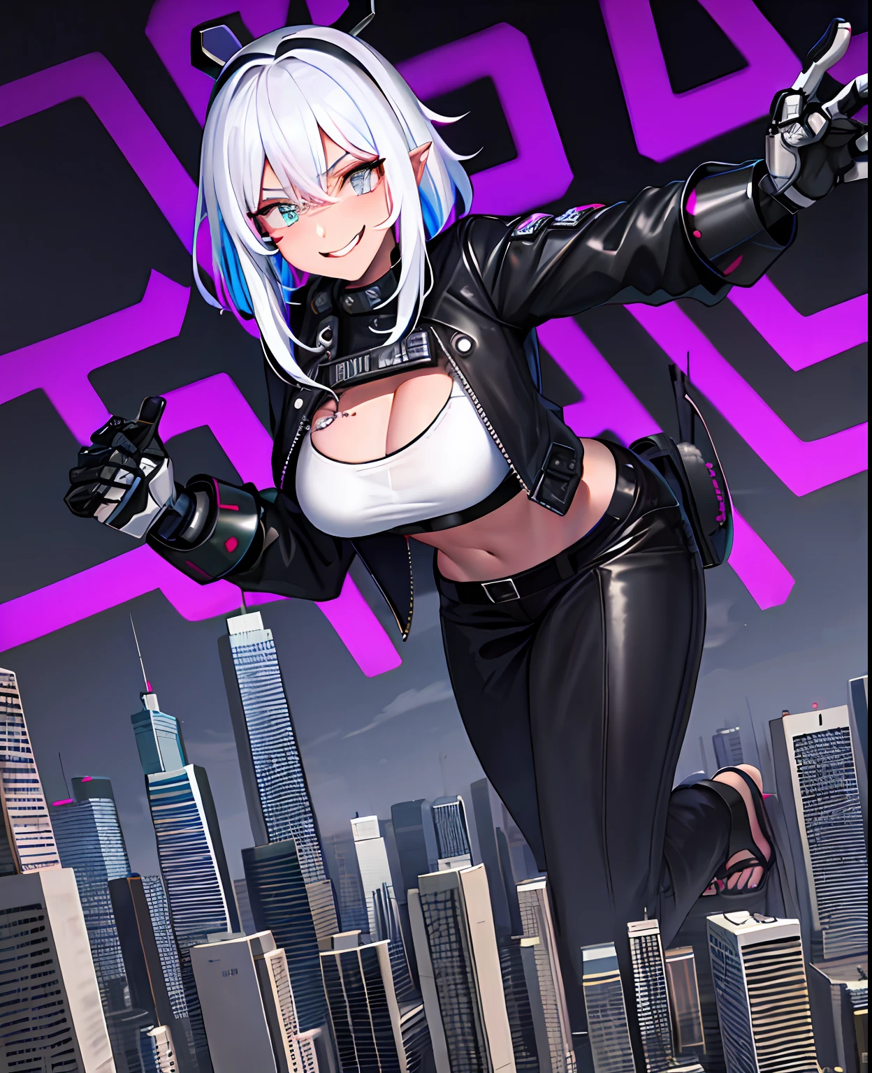 white hair and a white bra top and white pants, short messy hair, strong pose,curvy,Muscular girl, full body, pants, berserker, warrior, revealing cloths, amazone,gothic,hair horns,multicolored hair,weapon of mass destruction,nuclear,Rampage,GtsGiga,GtsCity,blue hair,walking weapon of destruction,smug,Roman sandals,piecings,leather jacket,cityscape,towering over city,Looming ,black light,nuclear symbol on body,best quality,masterpiece, come here beckoning gesture,nuclear powered weapon,gauntlets,atomic energy charge ,black light,glowing hands,cyberpunk,blue eye,powering up,cybernetic eye,aviators,cyberpunk city,sunglasses