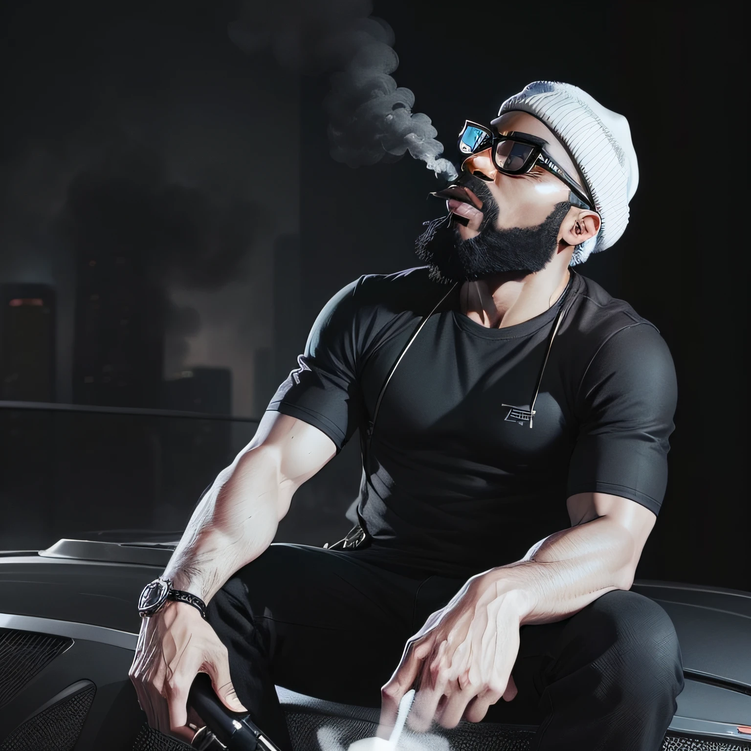 a black man, bearded, blowing smoke out of the mouth, with glasses, with cap, in gta sytle , ilustration --auto
