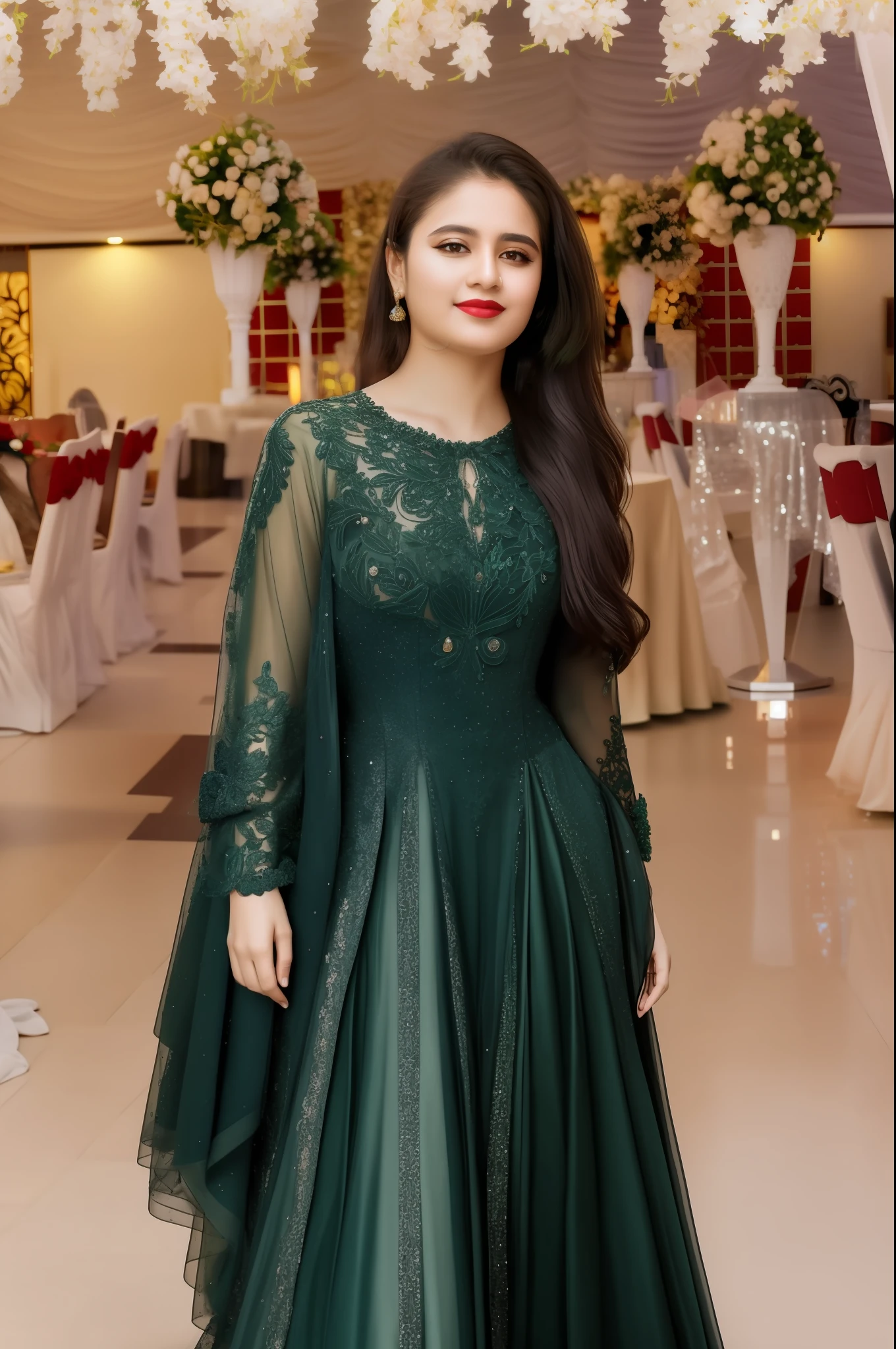 araffe woman in green dress standing in a room with tables and chairs, inspired by Ambreen Butt, dark green, full body green dress, an elegant green, ornate dark green clothing, green dress, dark green dress, wearing green, wearing organza gown, gown, modest flowing gown, wearing long gown, kyza saleem, full covered dress (best quality, masterpiece)