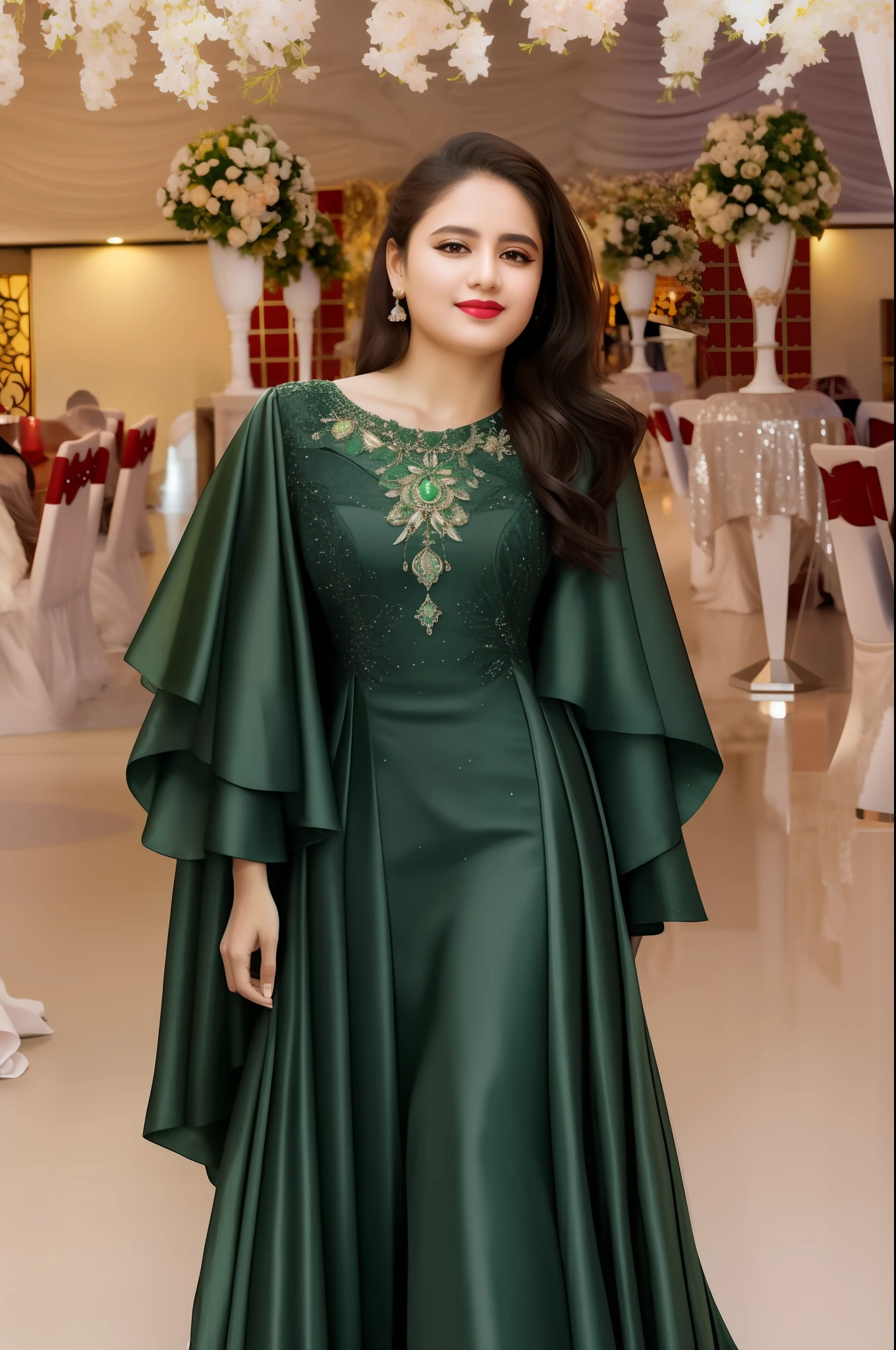 araffe woman in green dress standing in a room with tables and chairs, inspired by Ambreen Butt, dark green, full body green dress, an elegant green, ornate dark green clothing, green dress, dark green dress, wearing green, wearing organza gown, gown, modest flowing gown, wearing long gown, kyza saleem, full covered dress (best quality, masterpiece)