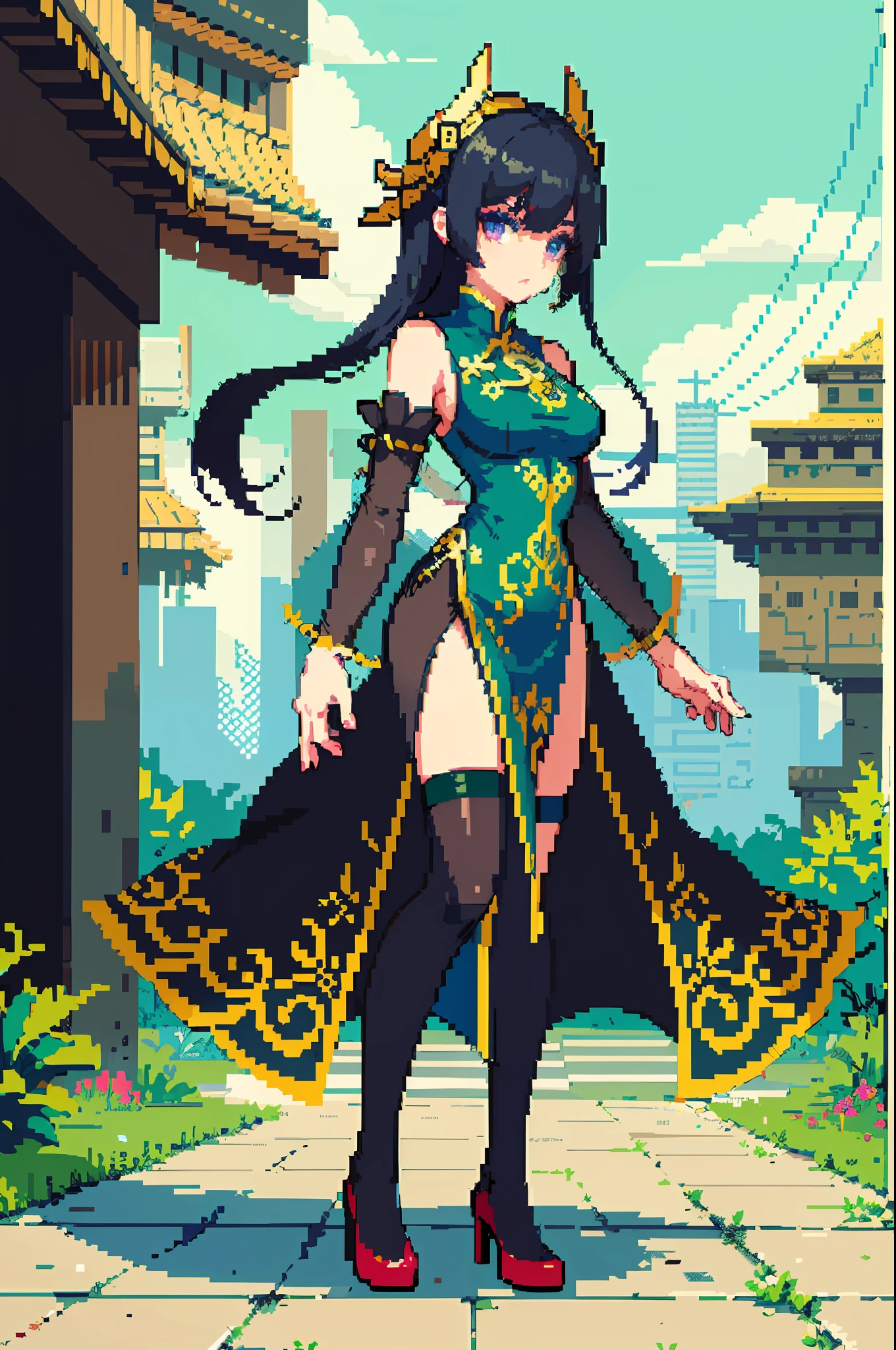 (masterpiece、top-quality、top-quality)、pixels、Pixel art、1人、full body Esbian、qipao dress,(thighhigh),long slit,