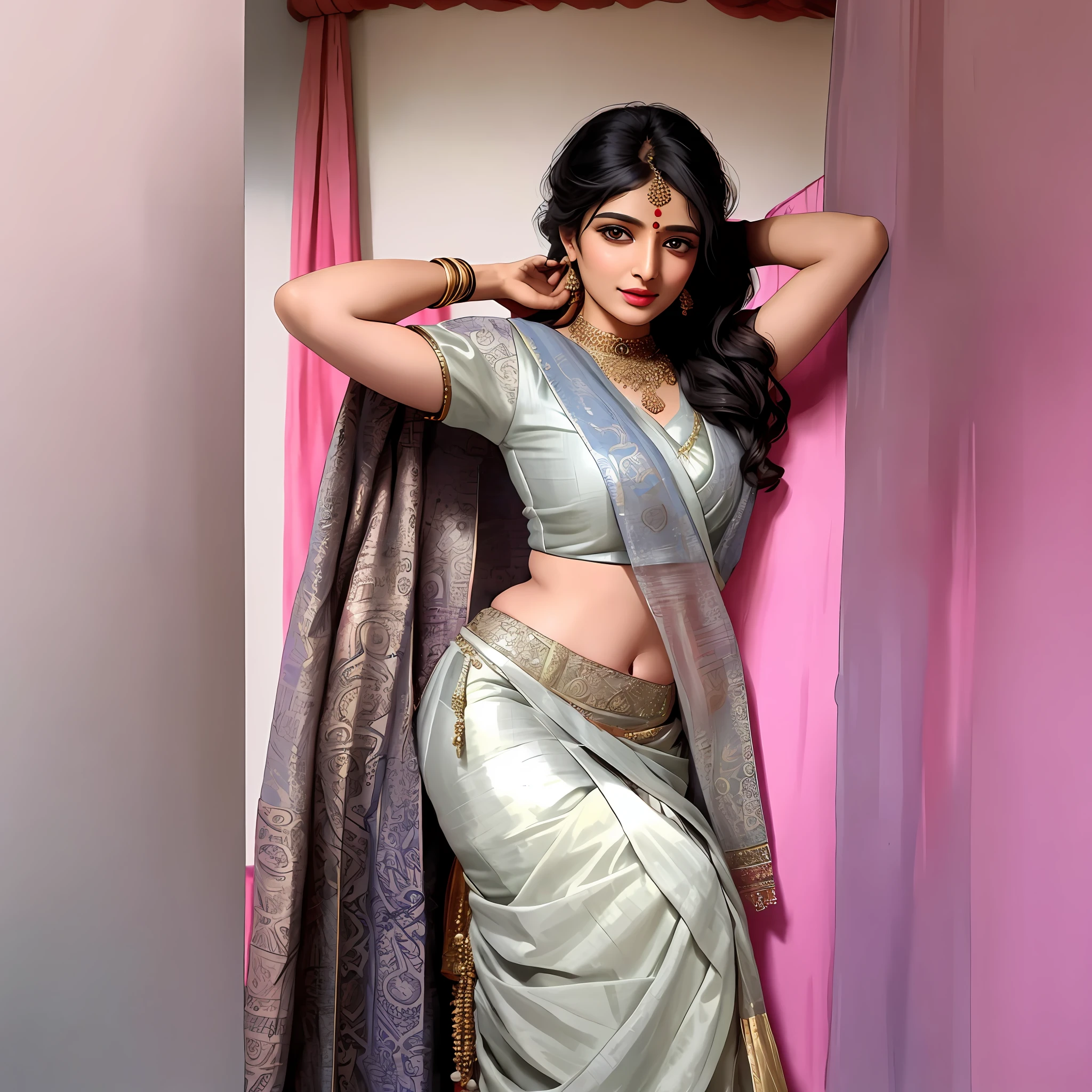 a close up of a woman in a sari posing for a picture, navel showing, seductive , sexy ,hot ,traditional beauty, inspired by T. K. Padmini, assamese aesthetic, dressed in a sari, wearing an elegant tribal outfit, wearing a steampunk sari, with lovely look, wearing a sari, indian goddess, wearing sari, sari, stylish pose, indian, indian style, very beautiful enga style