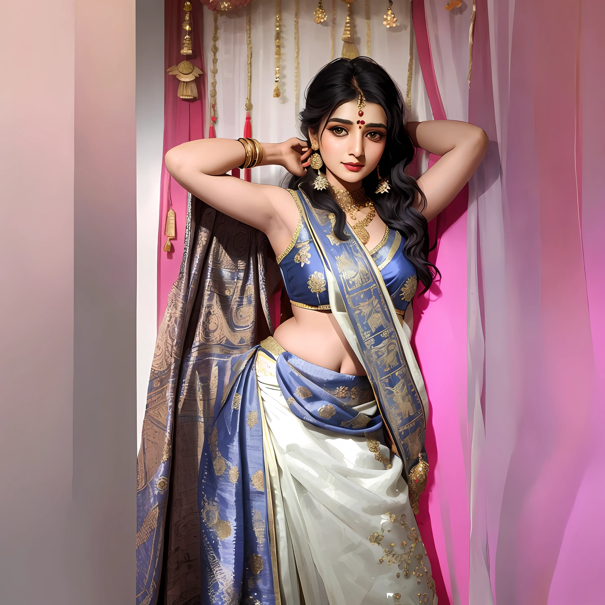 a close up of a woman in a sari posing for a picture, navel showing, seductive , sexy ,hot ,traditional beauty, inspired by T. K. Padmini, assamese aesthetic, dressed in a sari, wearing an elegant tribal outfit, wearing a steampunk sari, with lovely look, wearing a sari, indian goddess, wearing sari, sari, stylish pose, indian, indian style, very beautiful enga style