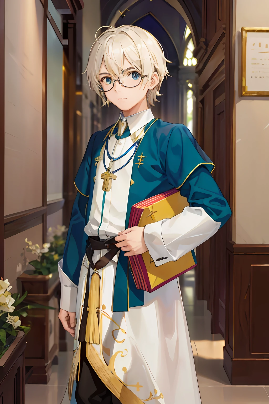 (obra-prima:1.4), (melhor qualidade:1.4), realista, 1 homem, Menino Xavier \(destino\), long white tunic, biblioteca, idoso, wearing goggles, religioso, cabelo branco