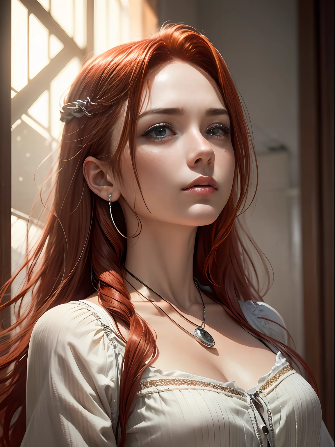 8K, photo in RAW format, topquality),(Epic realism:1.5), A girl, dynamicpose,erotic face, blouse,(A detailed eye:0.8),(looking up at the camera:1.4), (topquality), (better shadow),intricate detials,Cinematic,((Skin:1.4)),interior, (long loose red hair:1.3),dark studio,(HDR:1.5),Detailed, Muted colors, freckles, Silver Necklace, silver earring, wavy hairstyles