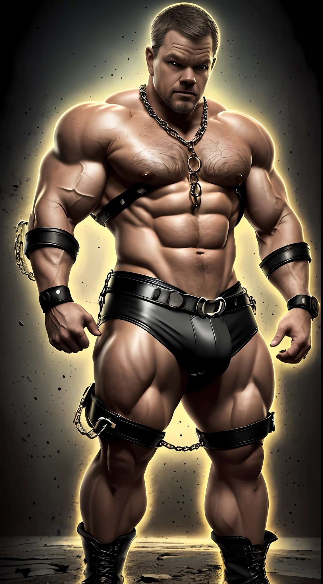 Cybepunk aesthetic, 8k, super detail, A portrait full body of Matt Damon moustache beard, age 50 yo, medium hair shaved sides, Strong, muscular, hairy big belly bodybuilder, bdsm gear, chains, harness, collar, jockstrap showing very hairy pubs groin area, bulge, leather boots, epic realistic, photo, faded, neutral colors, ((((hdr)))), muted colors, intricate scene, artstation, intricate details, vignette