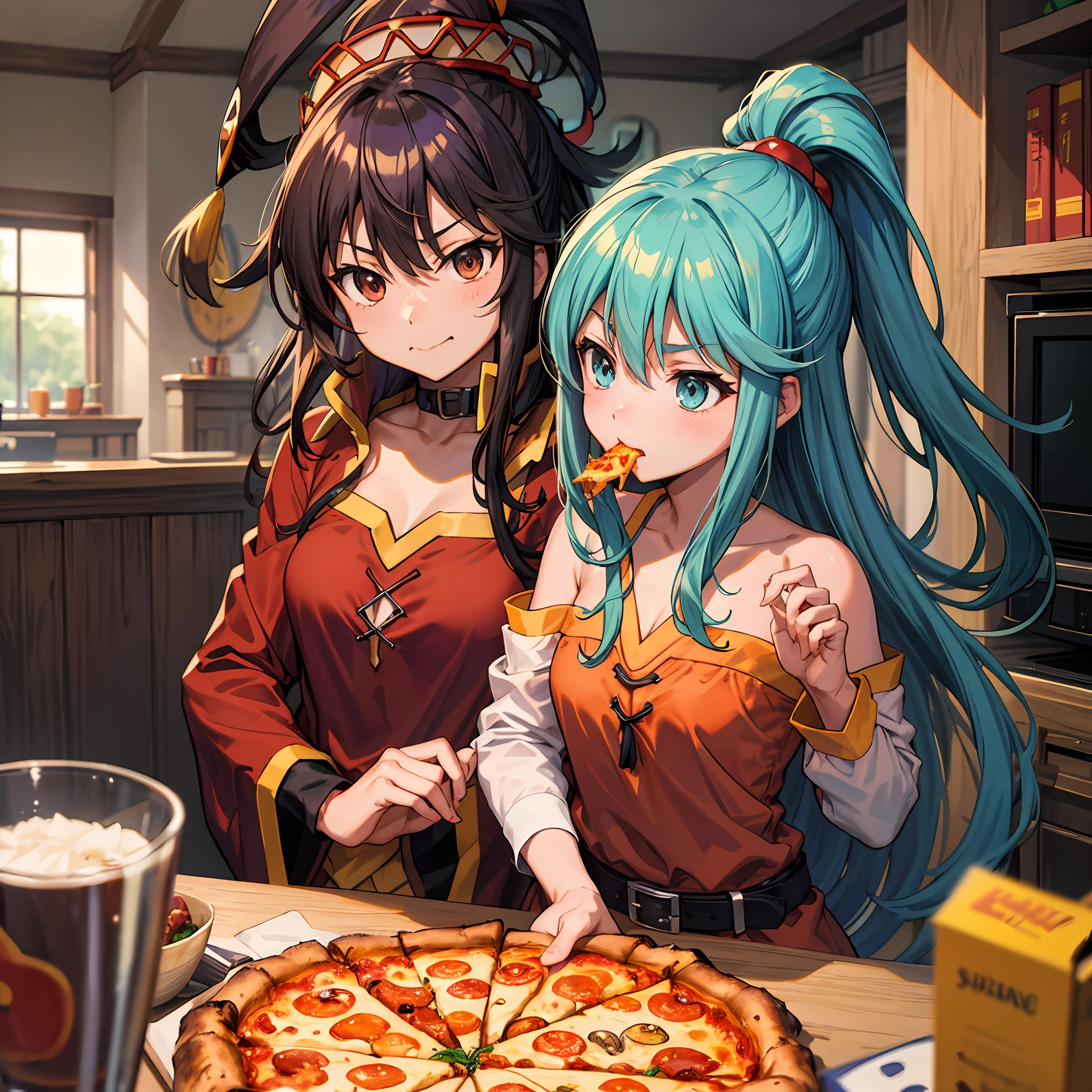 (melhor qualidade: 1.4), anime konosuba, aqua (cabelo longo) e megumin (pequena, cabelo curto) em casa comendo pizza juntas
