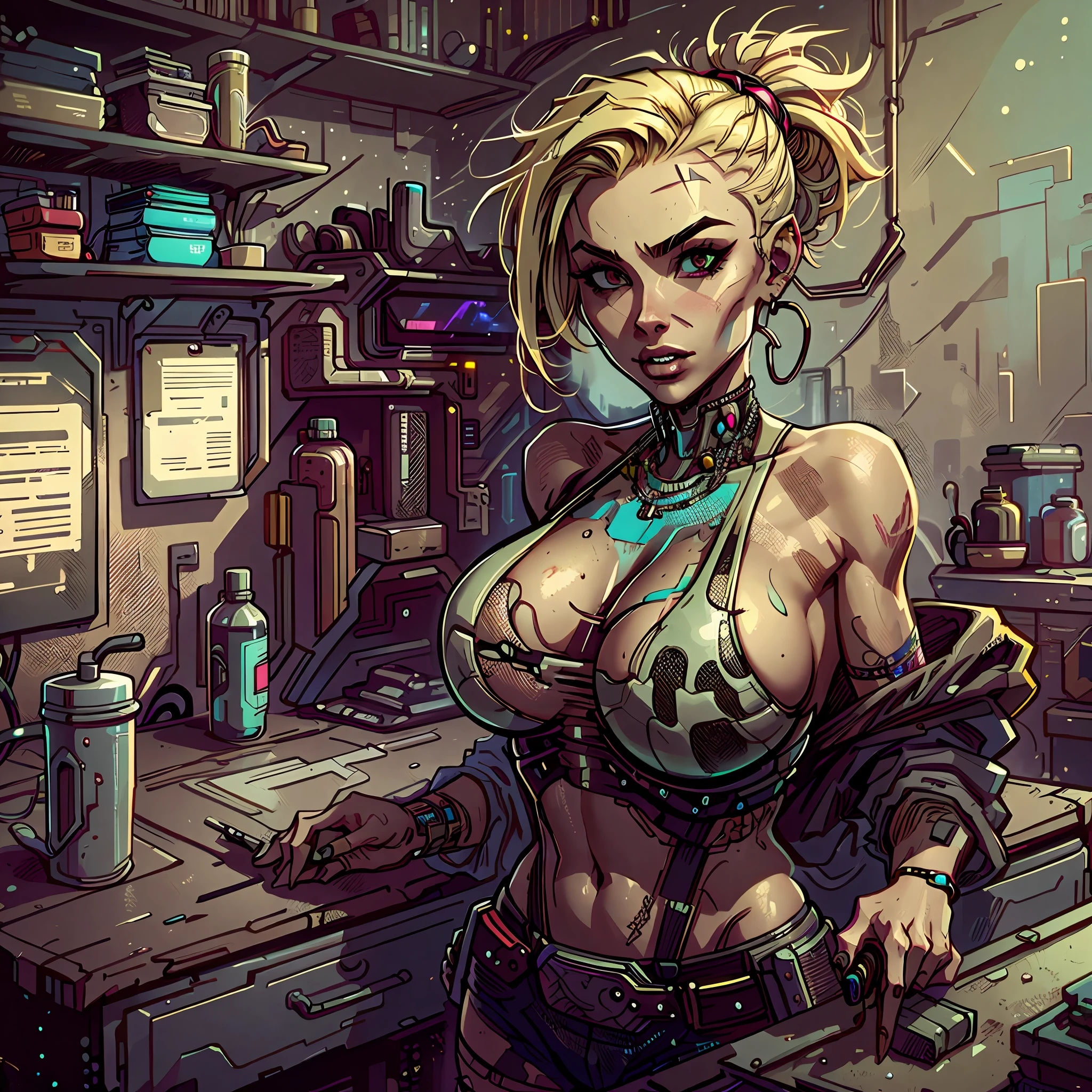 cyberpunk gunsmith in her workshop, huge breasts, a little dirty, punk haircut, blonde, strong