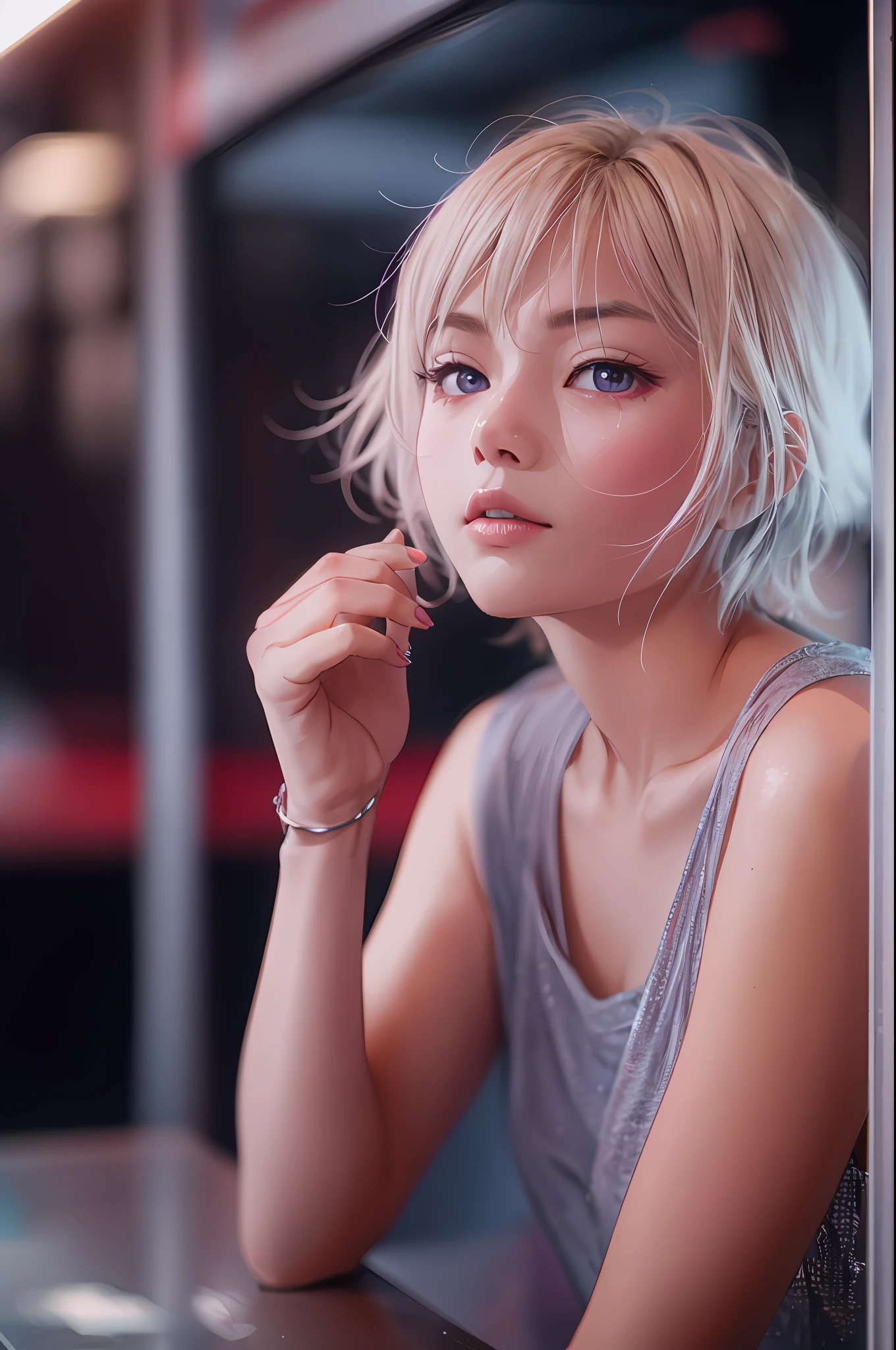 RAW, analog film, photography, zeiss otus 85mm f/1.4, a blonde short straight hair Japanese girl inside a booth, beautiful eyes, looking at the viewer, (cleavage:0.6),a purple neon sign, ethereal portraiture, tonal color scheme, pensive stillness, minimalism, Pink and silver