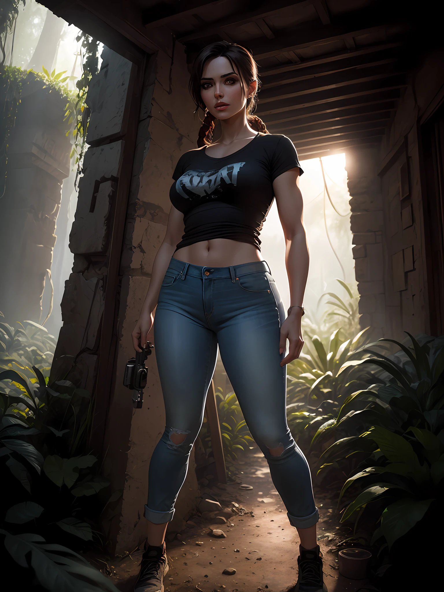 a beautiful cinematic masterpiece portrait of arabic beautiful  girl as lara croft from tomb raider, covered in dirt, treasure hunter, ((normal basic teeshirt shirt, tight jeans)), with a complex jungle background with ancient jungle ruins, by gil elvgren, by frank frazetta, by greg rutkowski, trending on artstation, featured on pixiv, hyper detailed, beautiful studio lights, intricate elegant digital painting, cinematic composition, dramatic pose, smooth, sharp focus, (((professional photography))),dappled light, romantic, HDR, highly detailed, hasselblad, 8k, hyper realistic, eye level shot, f1.4 aperture, 8mm film grain, cinestill 800, full body Teeshirt,