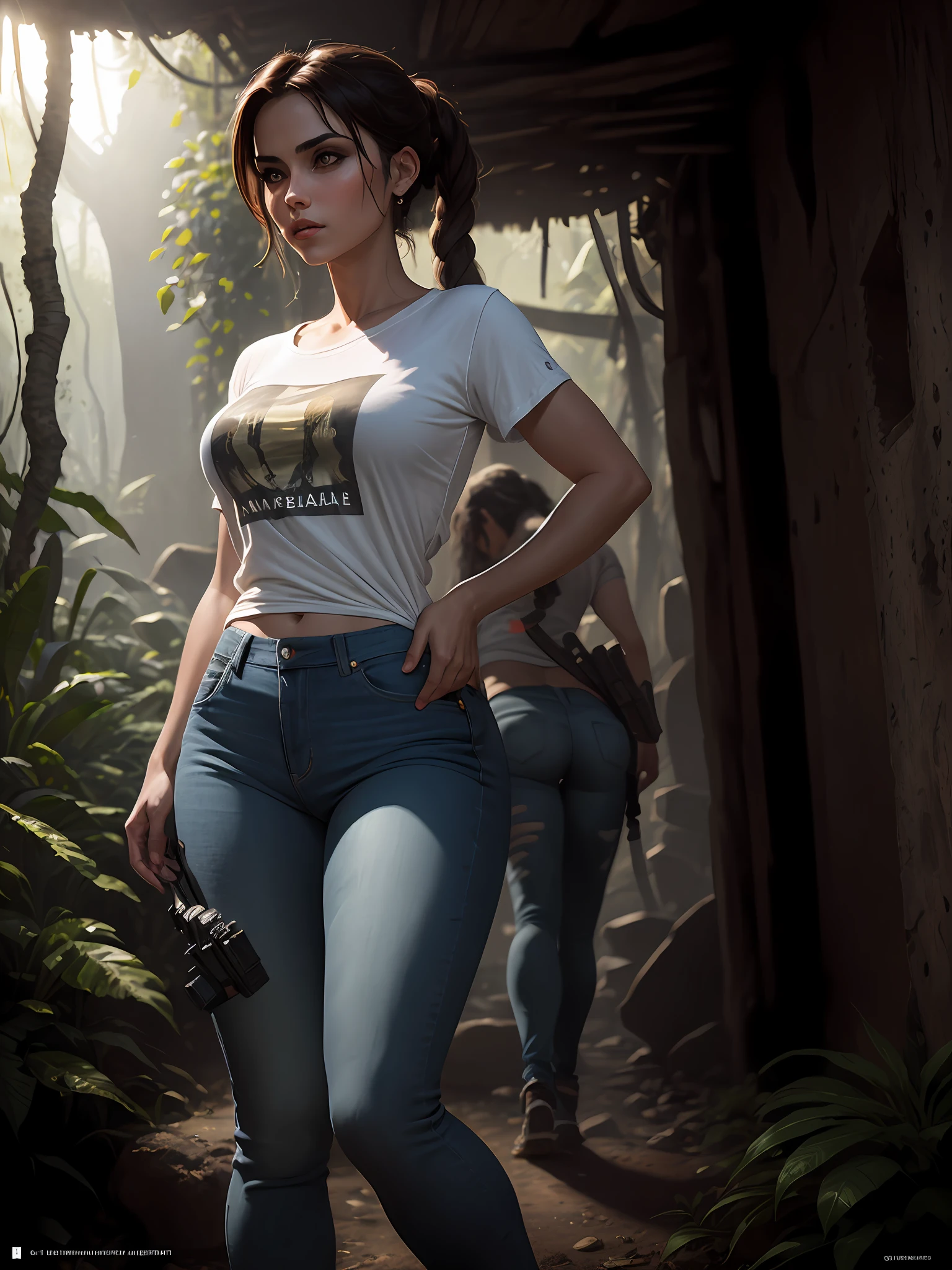 a beautiful cinematic masterpiece portrait of arabic beautiful girl as lara croft from tomb raider, covered in dirt, treasure hunter, ((normal basic teeshirt shirt, tight jeans)), with a complex jungle background with ancient jungle ruins, by gil elvgren, by frank frazetta, by greg rutkowski, trending on artstation, featured on pixiv, hyper detailed, beautiful studio lights, intricate elegant digital painting, cinematic composition, dramatic pose, smooth, sharp focus, (((professional photography))),dappled light, romantic, HDR, highly detailed, hasselblad, 8k, hyper realistic, eye level shot, f1.4 aperture, 8mm film grain, cinestill 800, full body Teeshirt,