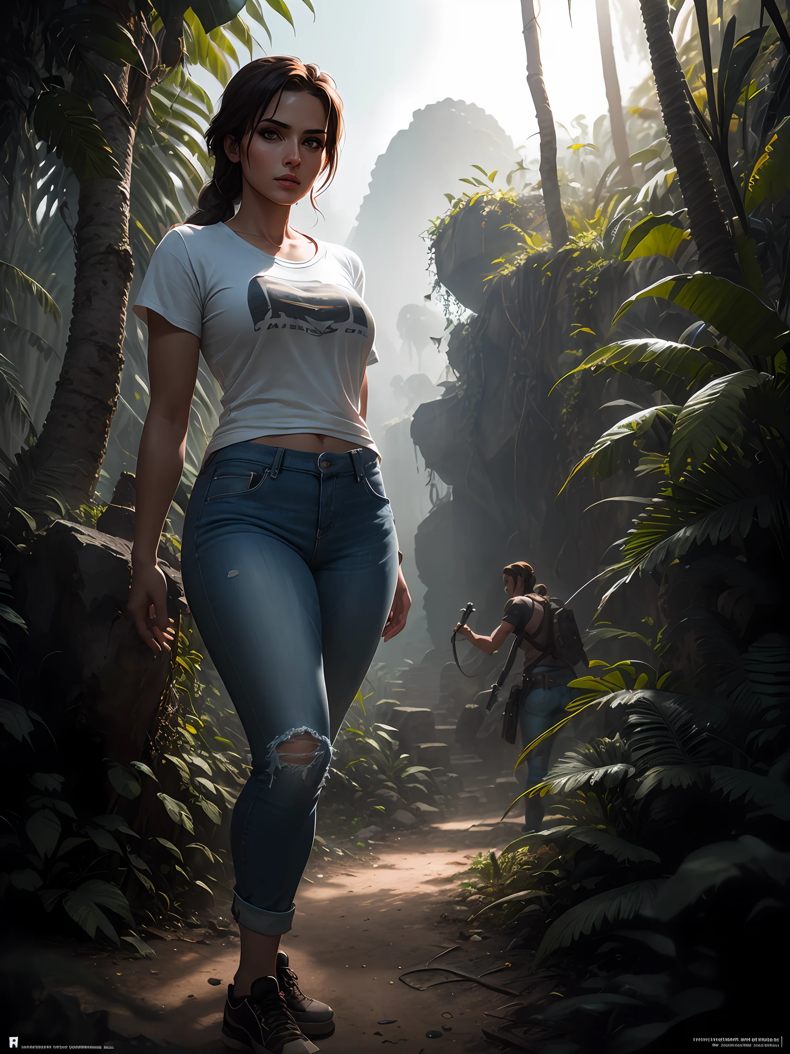 a beautiful cinematic masterpiece portrait of arabic beautiful girl as lara croft from tomb raider, covered in dirt, treasure hunter, ((normal basic teeshirt shirt, tight jeans)), with a complex jungle background with ancient jungle ruins, by gil elvgren, by frank frazetta, by greg rutkowski, trending on artstation, featured on pixiv, hyper detailed, beautiful studio lights, intricate elegant digital painting, cinematic composition, dramatic pose, smooth, sharp focus, (((professional photography))),dappled light, romantic, HDR, highly detailed, hasselblad, 8k, hyper realistic, eye level shot, f1.4 aperture, 8mm film grain, cinestill 800, full body Teeshirt,