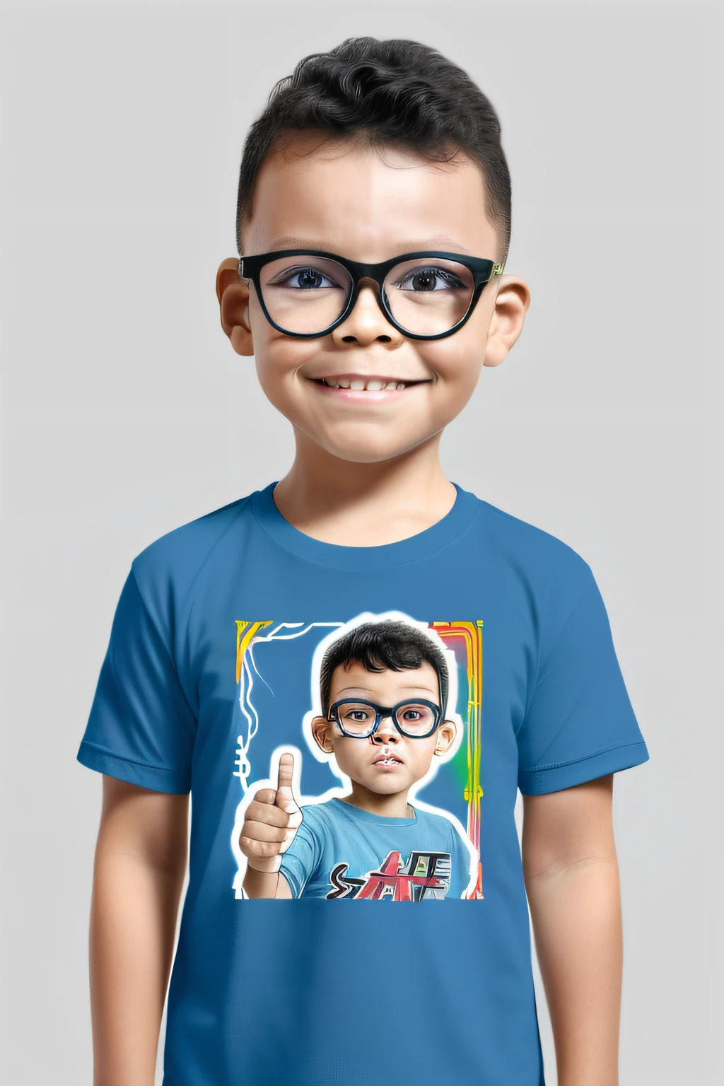 guttonerdjul23, (((arte da camiseta do vetor))) ready to print colorful graphite illustration of a 3-year-old boy with glasses, bonito ,Very high detail, fundo colorido