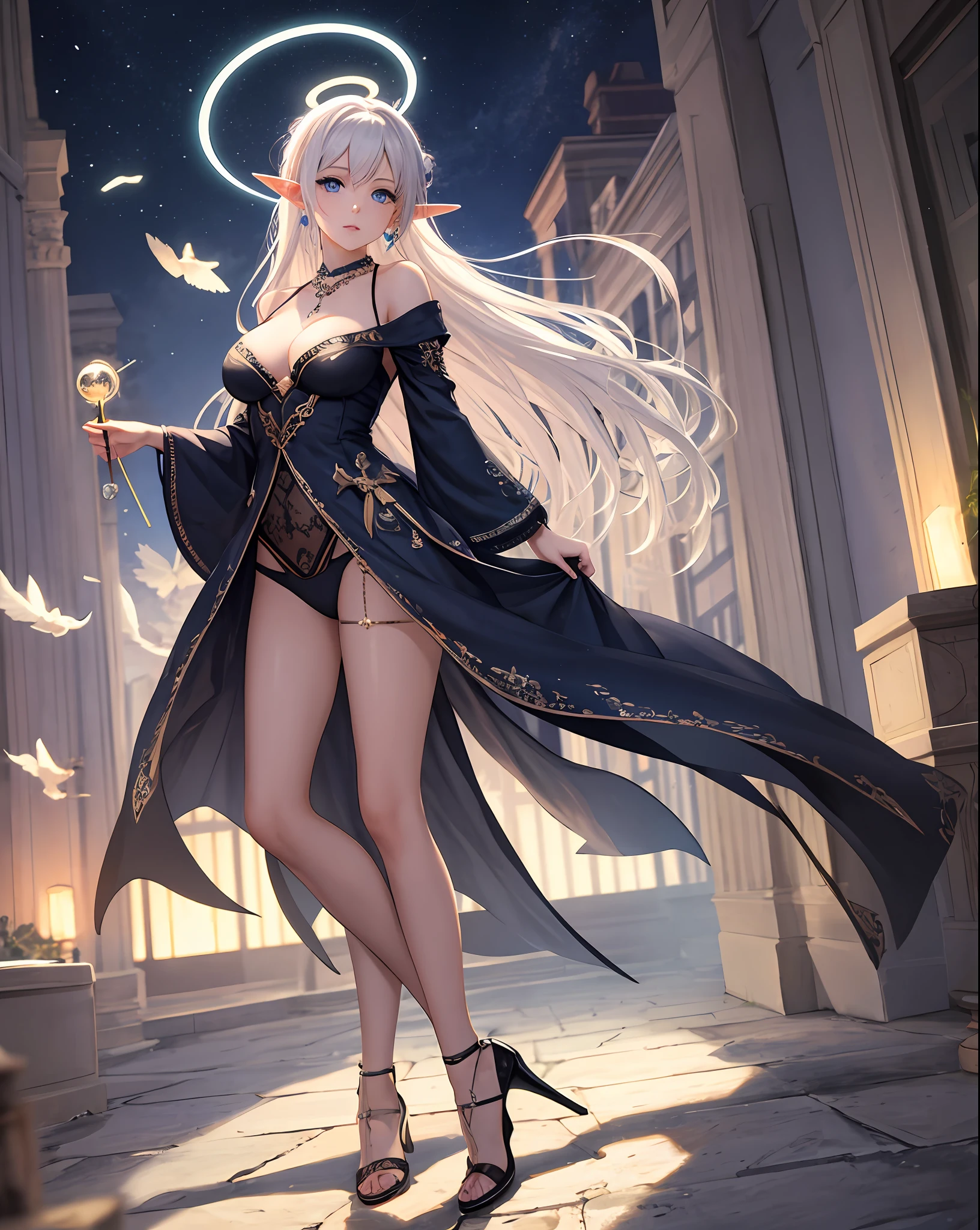 Masterpiece, Best quality, Extremely detailed CG, Beautiful detailed eyes, Ultra-detailed, Intricate details:1.2), 8K wallpaper, elaborate features,
(1girll, Solo:1.4), Long hair, Striped hair, elf,Halo, view the viewer, Blue eyes, earring, Panties, ankle bracelets, Large breasts, Arcane, necklace,the wall,
Blue Flame, feater, Bird,Magic surrounds,wands, Magic Ball, book,The pages of the book flew all over the sky,Magical Circle,incantation, Night, Dark,Closed heels:1.9,full-body portraits