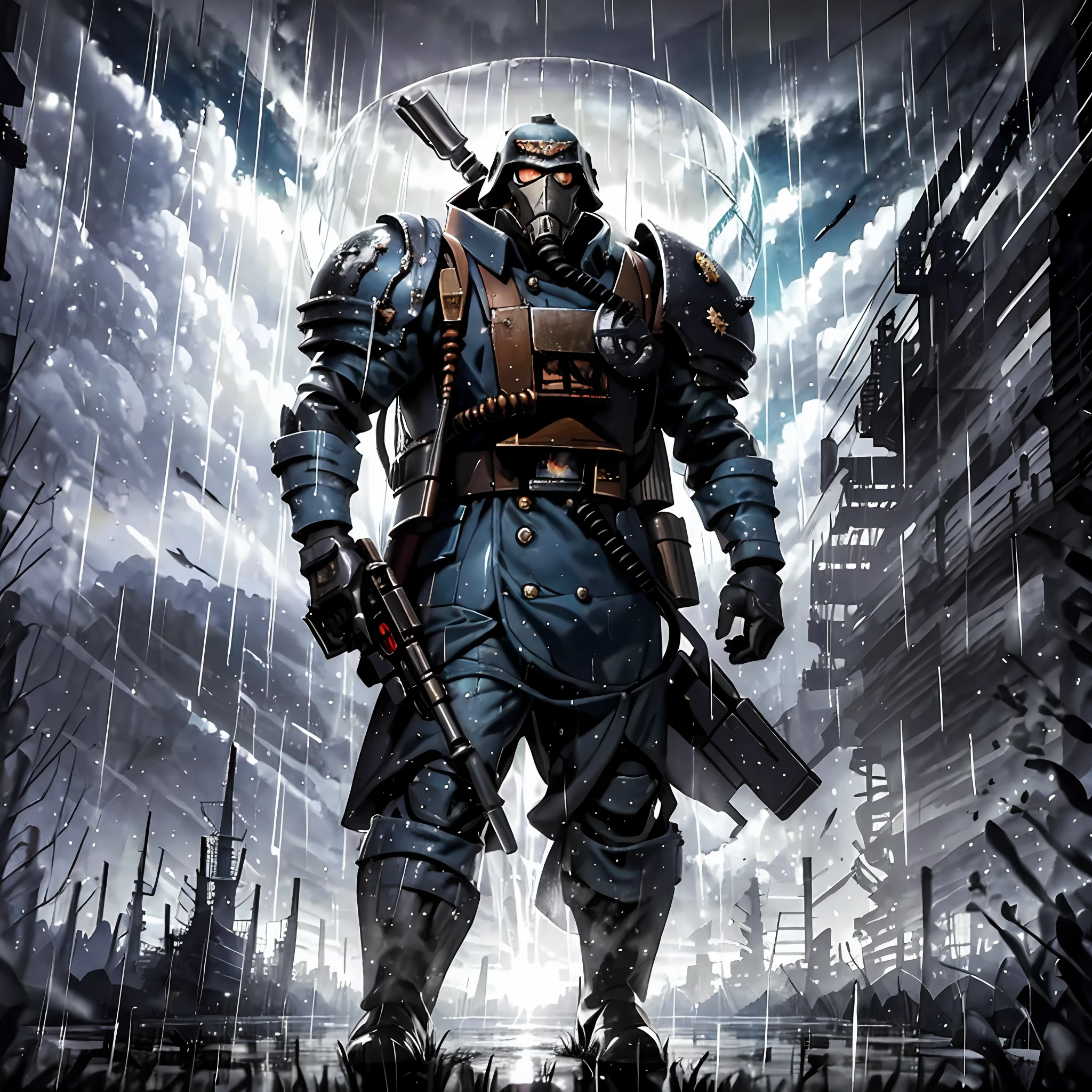 there is a man with a gun standing in the rain, epic fantasy sci fi illustration, warhammer 4 0 k artwork, apocalypse art!!!!, by Ludwik Konarzewski, warhammer 4 0 k fantasy, helghast, warhammer 40k style, fps game concept art, wh 4 0 k art, by Ludwik Konarzewski Jr