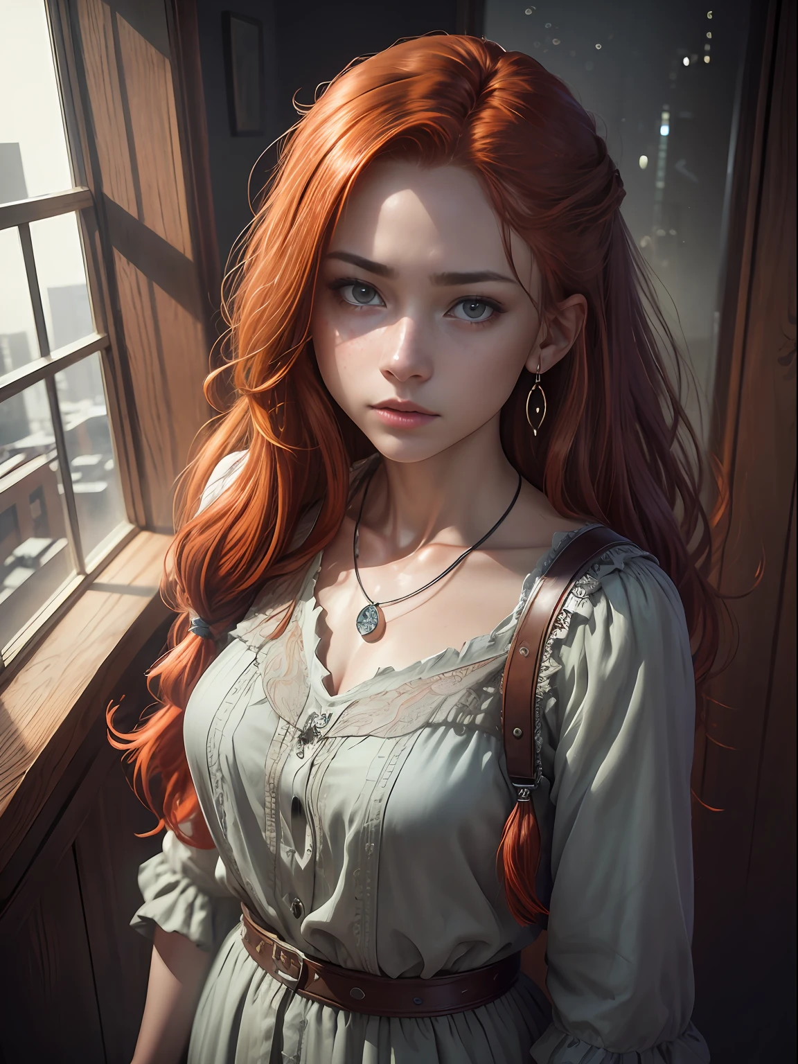 8K, photo in RAW format, topquality),(Epic realism:1.5), A girl, dynamicpose, erotic face, blouse, (He stands at full height and looks out the window)(A detailed eye:0.8),(looking up at the camera:1.4), (topquality), (better shadow),intricate detials,Cinematic,((Skin:1.4)),interior, (long loose red hair:1.3),dark studio,(HDR:1.5),Detailed, Muted colors, freckles, Silver Necklace, silver earring, wavy hairstyles