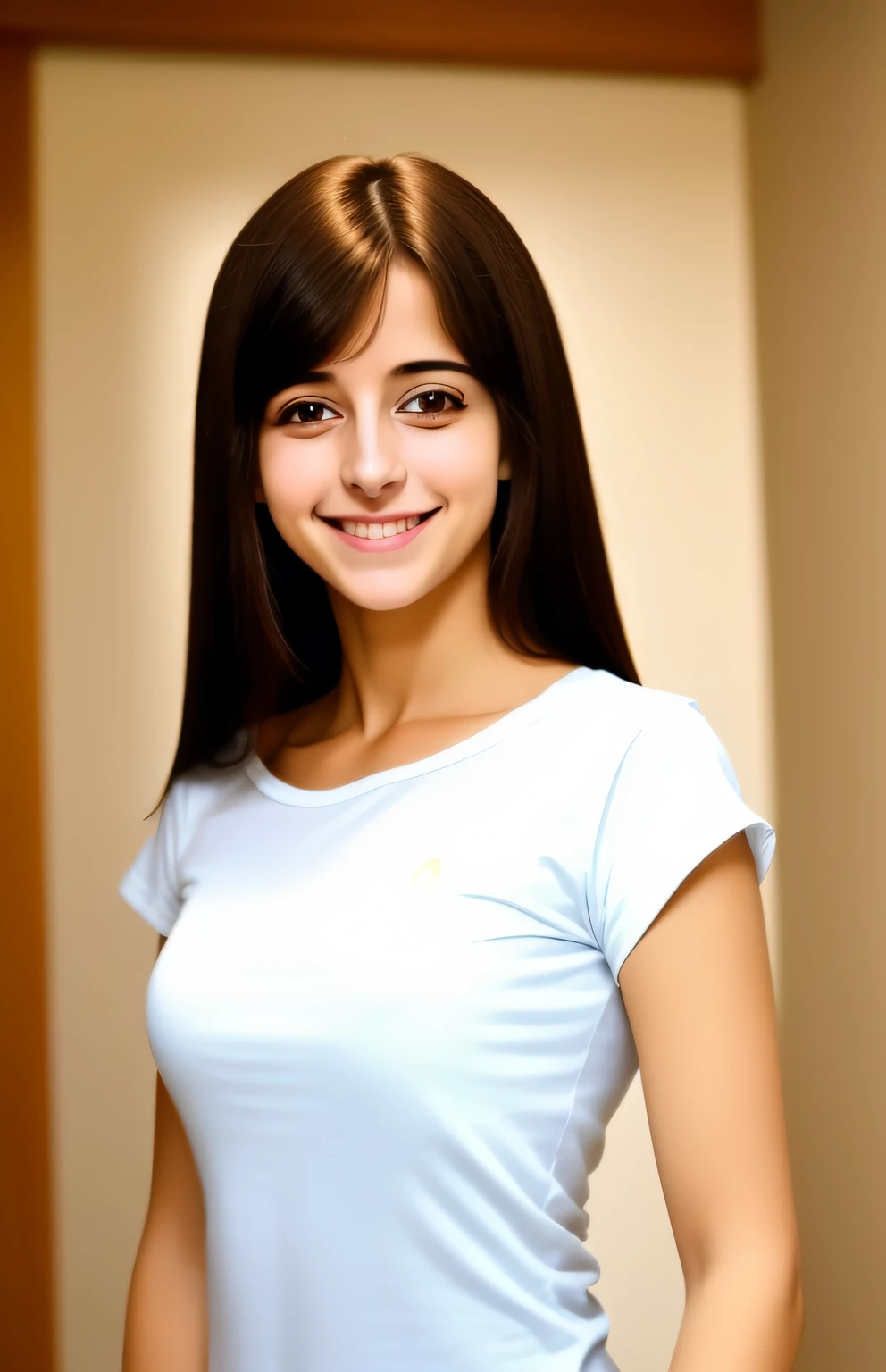 1girl, bela, pele morena clara, cabelo longo escuro, olhando para o espectador, franja, (fundo branco: 1.4), solo, parte superior do corpo, realista, maquiagem, sorriso (magra, boca fechada, bashful: 1.3), camisa de manga longa, trending in artstation, altamente detalhado, detalhe fino, (lens flare: 0.9), (retroiluminação: 0.9), [Style-Micro::10]