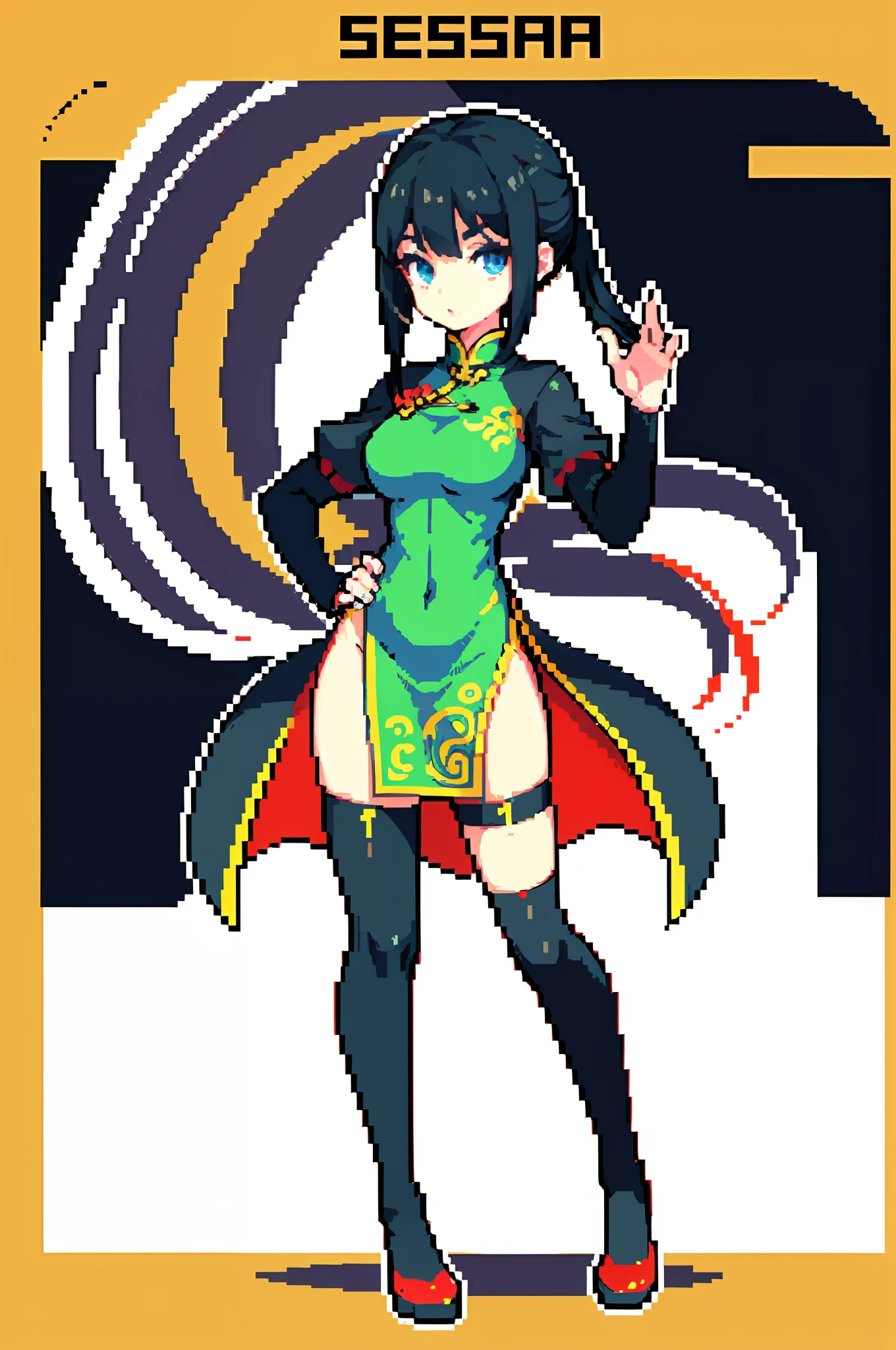 (masterpiece、top-quality、top-quality)、pixels、Pixel art、女の子1人、full body Esbian、qipao dress,(thighhigh),long slit,