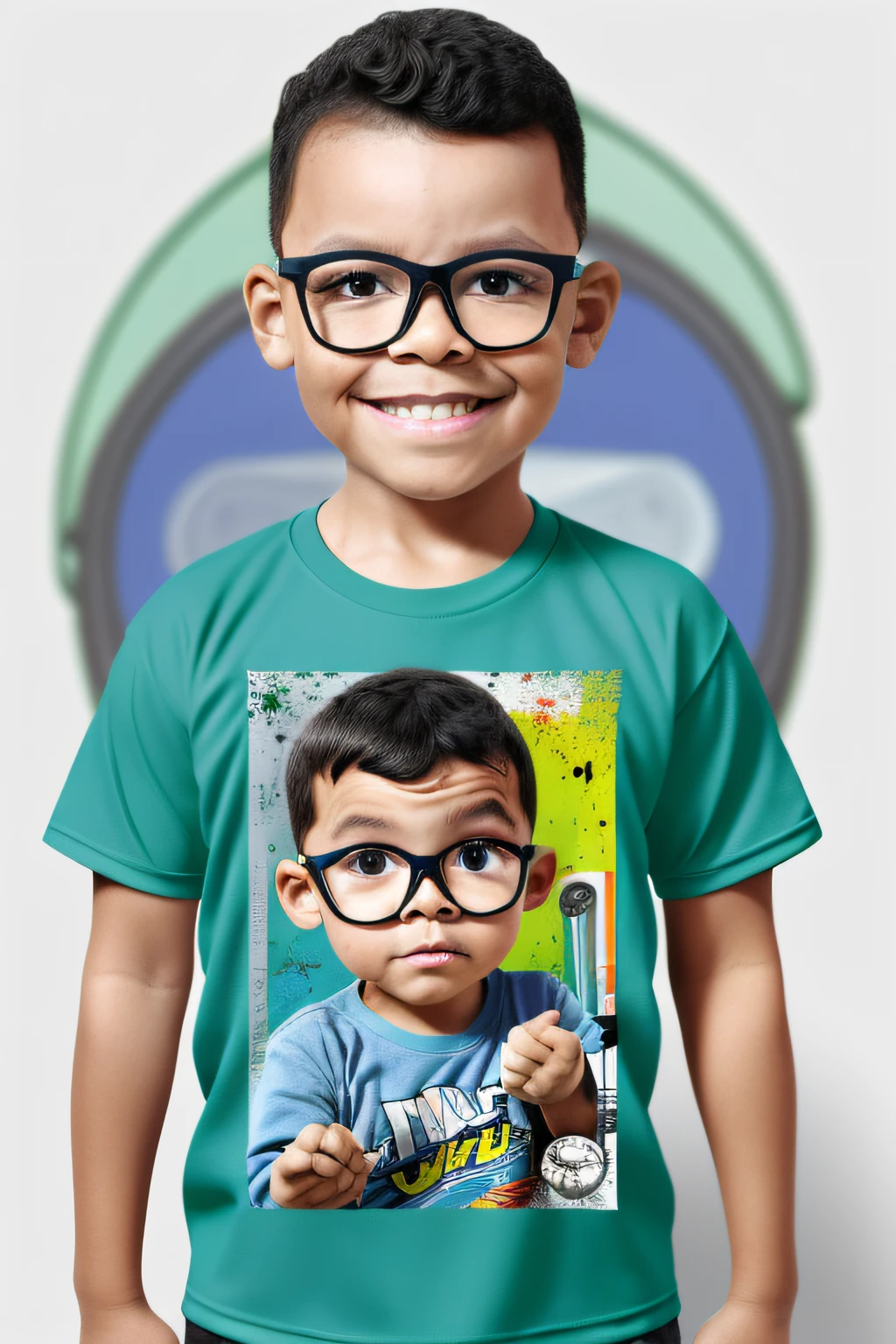 guttonerdjul23, (((arte da camiseta do vetor))) ready to print colorful graphite illustration of a 3-year-old boy with glasses,  bonito ,Very high detail, fundo colorido