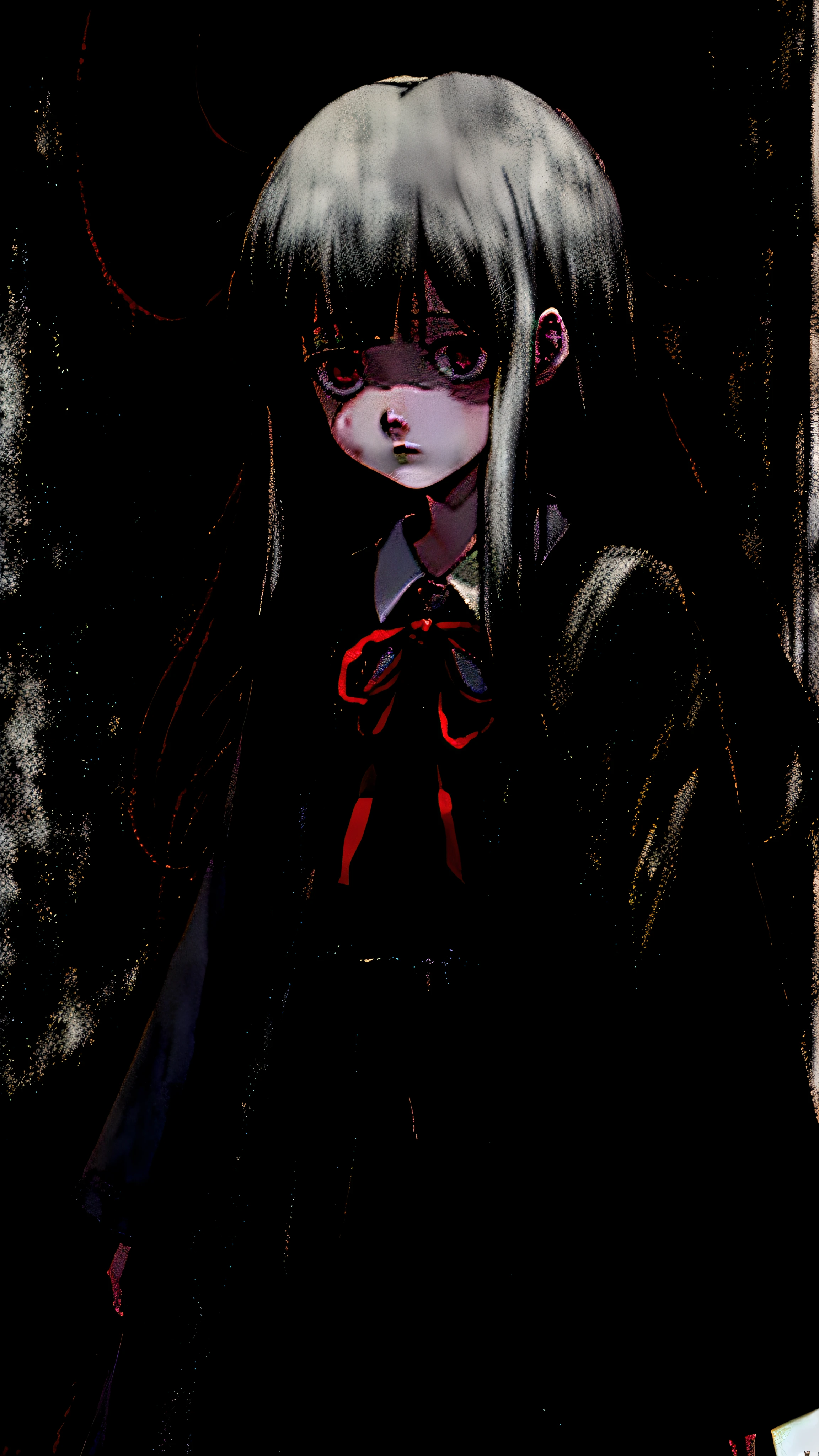 Cartoon girl with long hair and white dress, Pale Young Ghost Girl, yume nikki, The ghost of a girl, Nico in white dress, loli in dress, junji ito 4 k, made with anime painter studio, mysterious girl, haunted and sad expression, digital art from danganronpa, haunted sad expression