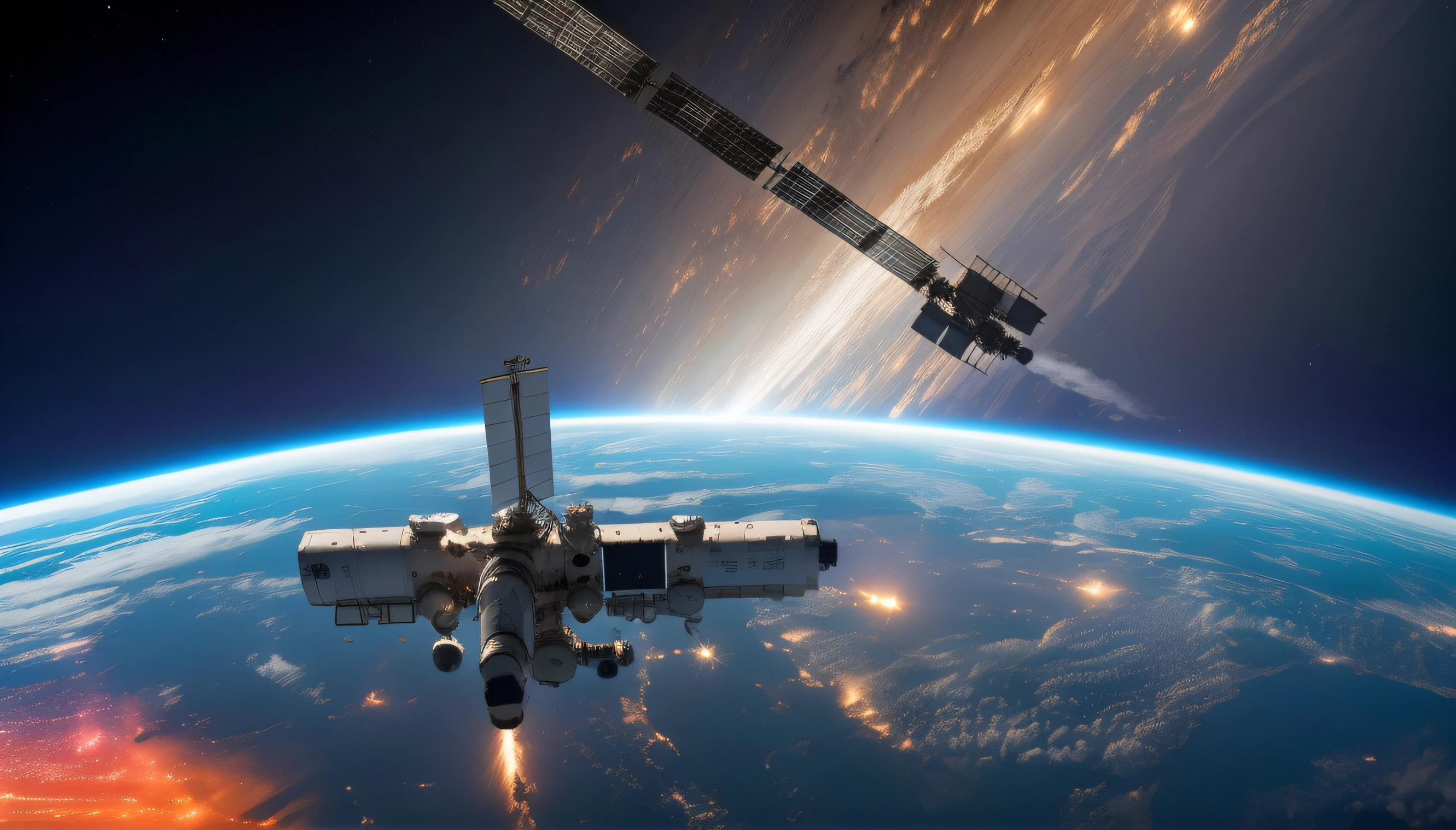 No horizonte, A space station shines, serving as a direct connection between Earth and outer space. Naves espaciais partem e chegam regularmente, Bringing human exploration to distant places in the cosmos.