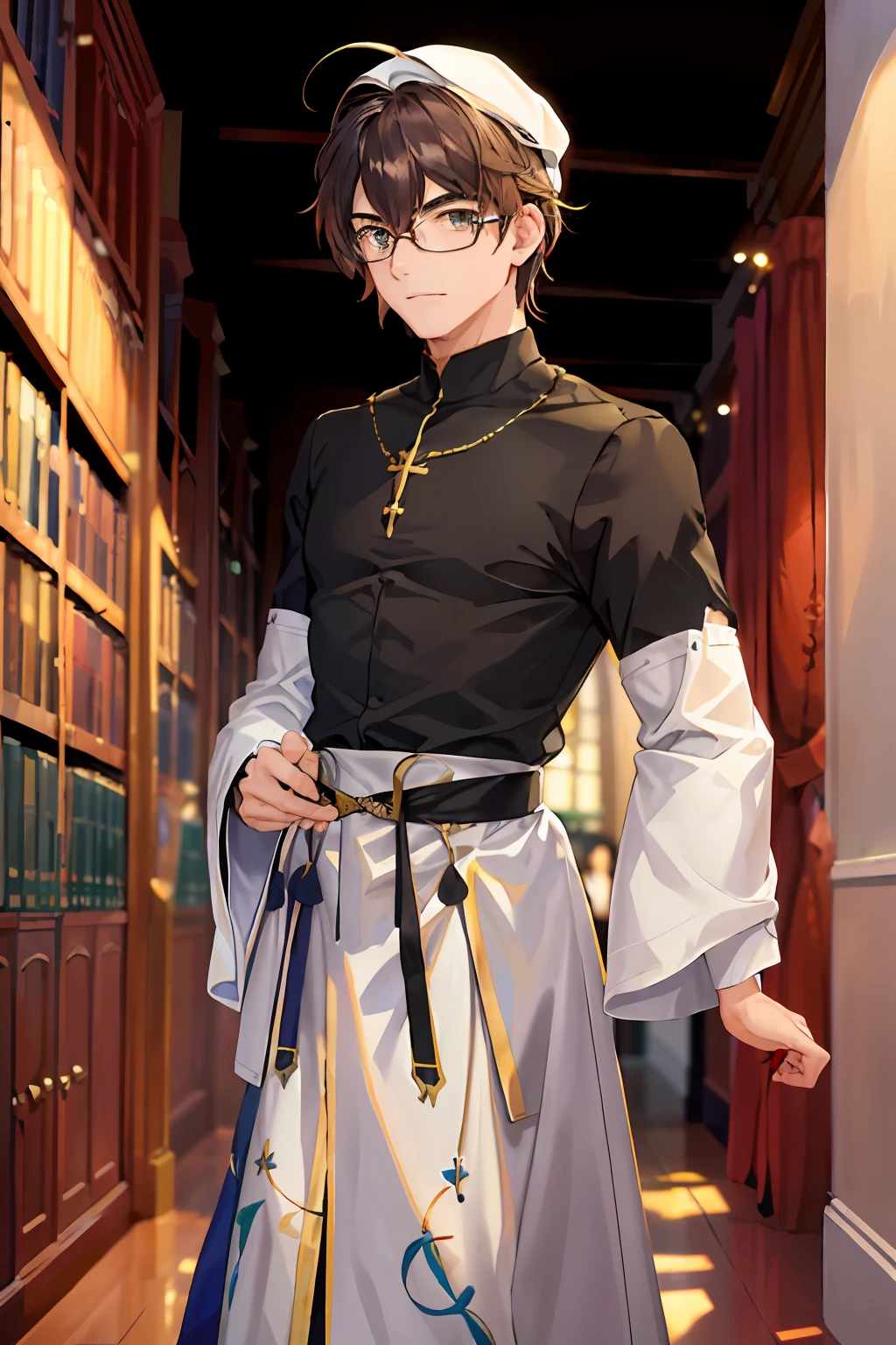 (obra-prima:1.4), (melhor qualidade:1.4), realista, 1 homem idoso, Chico Xavier \(Fate\), long white tunic, biblioteca, wearing goggles, religioso, cabelo grisalho
