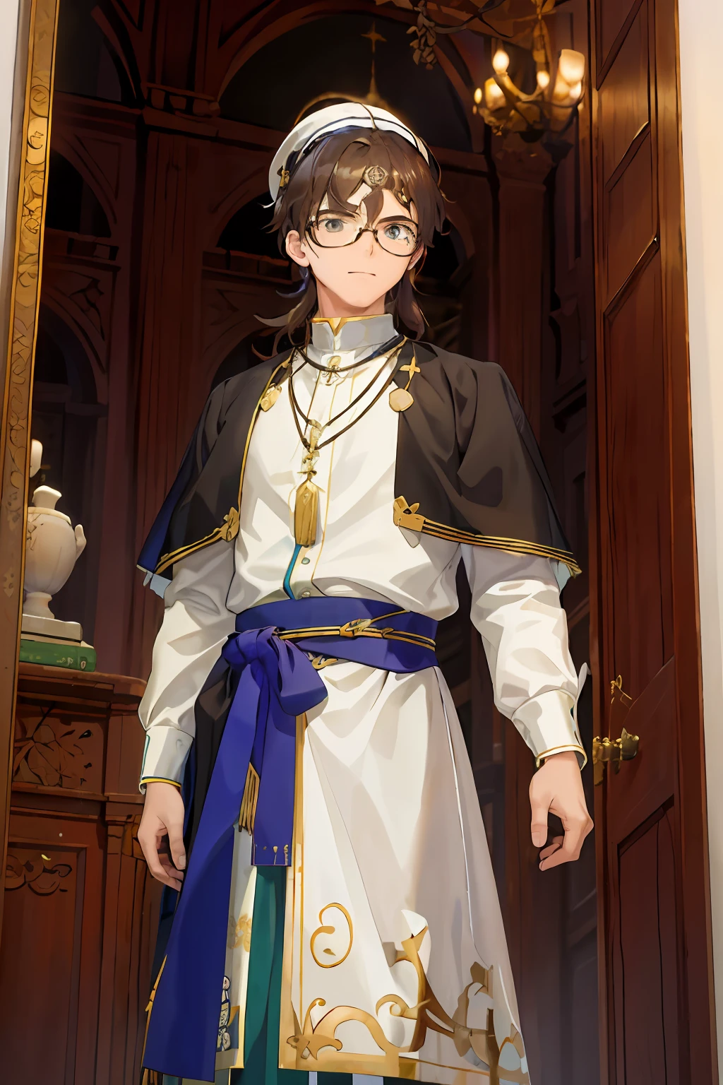 (obra-prima:1.4), (melhor qualidade:1.4), realista, 1 homem idoso, Chico Xavier \(Fate\), long white tunic, biblioteca, wearing goggles, religioso, cabelo grisalho