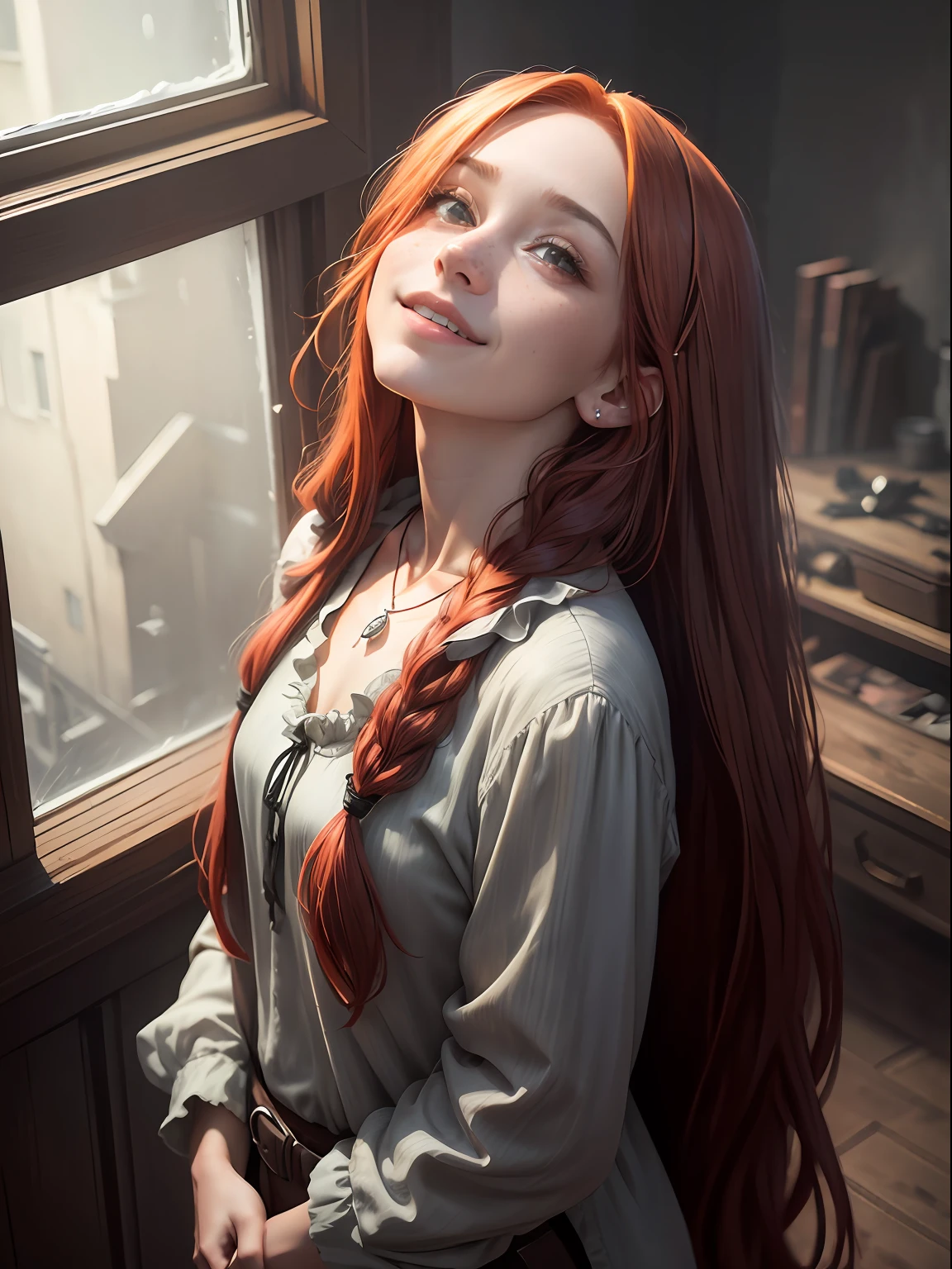 8K, photo in RAW format, topquality),(Epic realism:1.5), A girl, dynamicpose, erotic face, Smiling, blouse, (He stands at full height and looks out the window)(A detailed eye:0.8),(looking up at the camera:1.4), (topquality), (better shadow),intricate detials,Cinematic,((Skin:1.4)),interior, (long loose red hair:1.3),dark studio,(HDR:1.5),Detailed, Muted colors, freckles, Silver Necklace, silver earring, wavy hairstyles