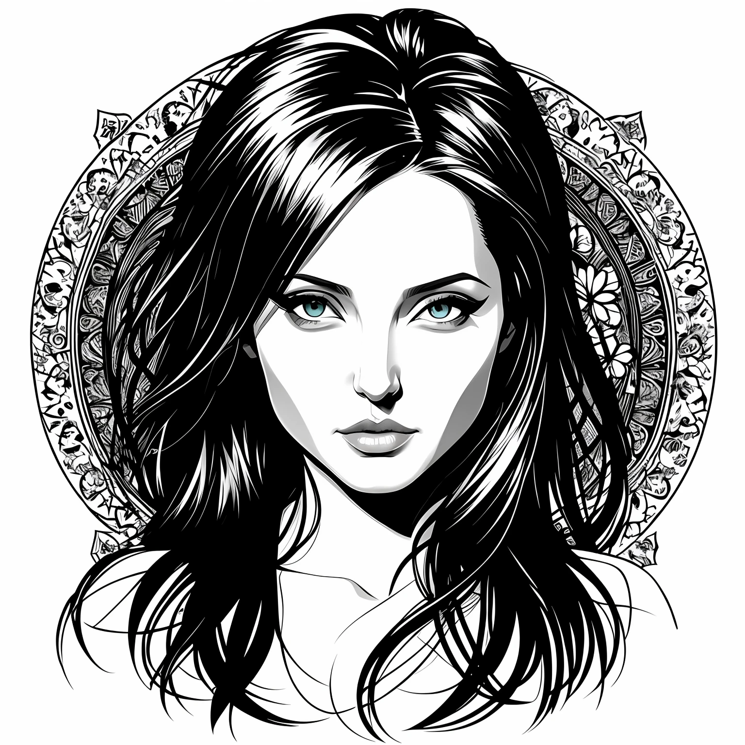 t-shirt design, round design, black background, 2D vector, centered art, floral theme, vivid colors, Angelina Jolie face, realistic face, intricate details, silky skin, vibrant eyes, lighting by REMBRADT, Adobe Illustration, Trand on Artstation, 8K, hd, magnificent art, masterpiece, by Rafael Albuquerque, Yoshitaka Amano, --no t-shirt, mockup, -