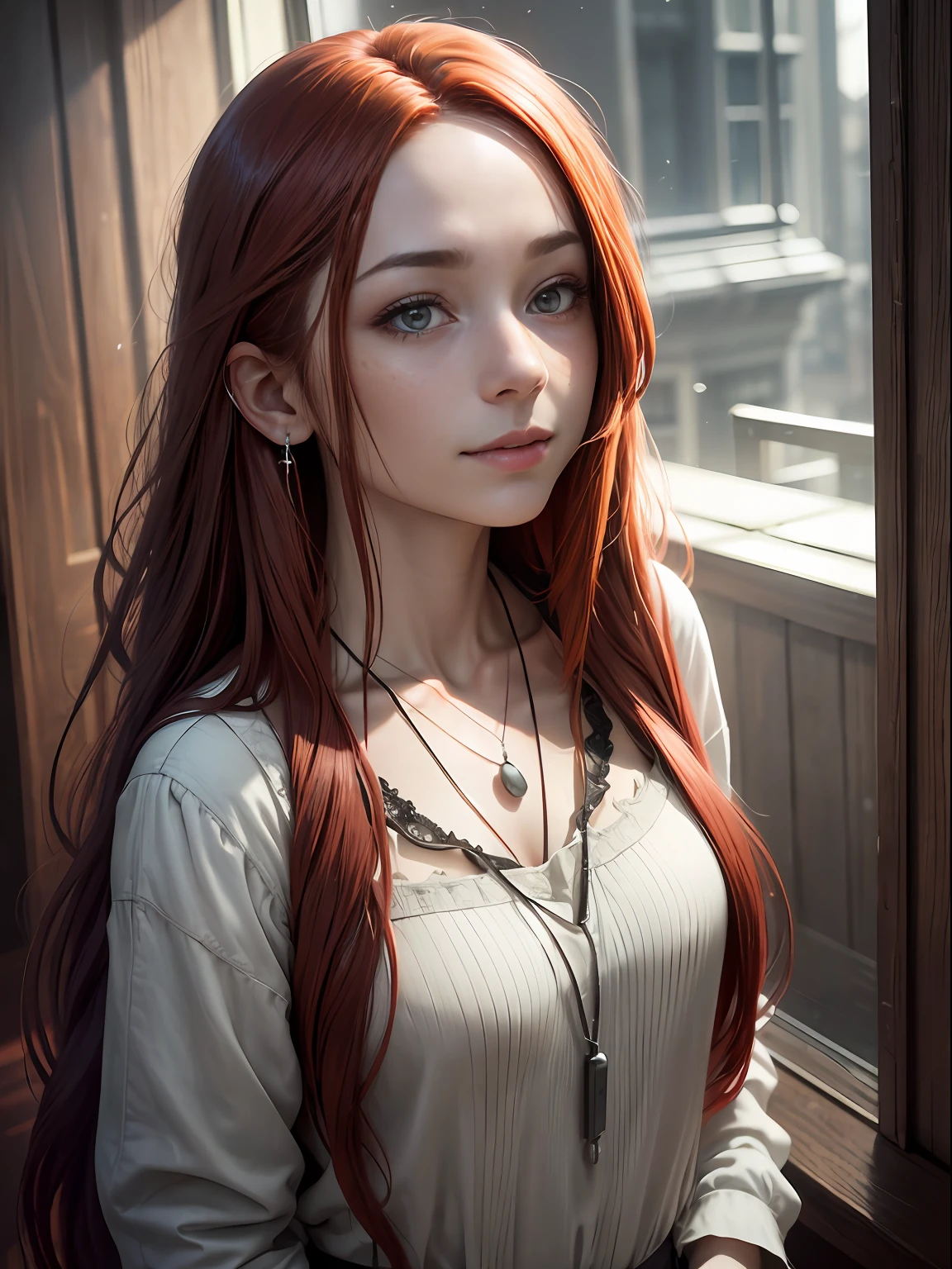 8K, photo in RAW format, topquality),(Epic realism:1.5), A girl, dynamicpose, erotic face, Smiling, blouse, (He stands at full height and looks out the window)(A detailed eye:0.8),(looking up at the camera:1.4), (topquality), (better shadow),intricate detials,Cinematic,((Skin:1.4)),interior, (long loose red hair:1.3),dark studio,(HDR:1.5),Detailed, Muted colors, freckles, Silver Necklace, silver earring, wavy hairstyles