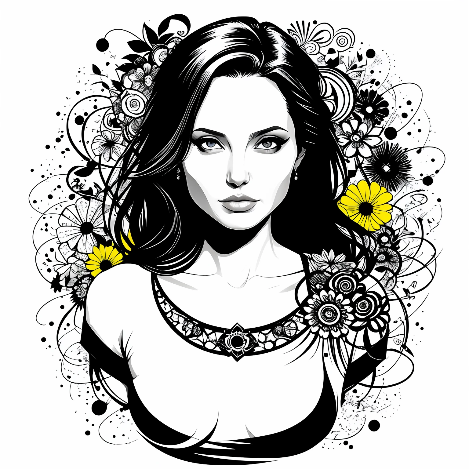 t-shirt design, round design, black background, 2D vector, centered art, floral theme, vivid colors, Angelina Jolie face, realistic face, intricate details, silky skin, vibrant eyes, lighting by REMBRADT, Adobe Illustration, Trand on Artstation, 8K, hd, magnificent art, masterpiece, by Rafael Albuquerque, Yoshitaka Amano, --no t-shirt, mockup, -
