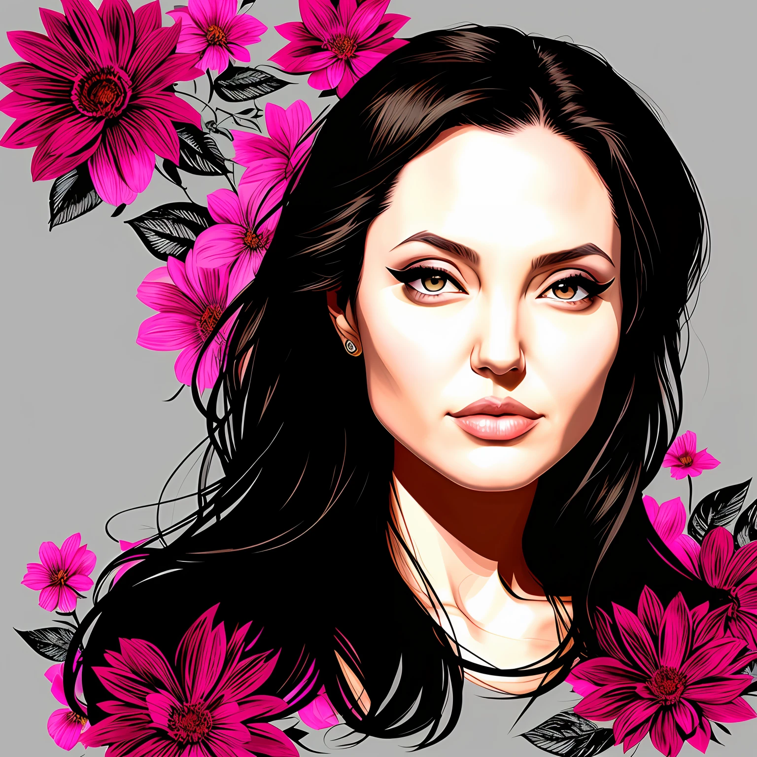 t-shirt design, round design, black background, 2D vector, centered art, floral theme, vivid colors, Angelina Jolie face, realistic face, intricate details, silky skin, vibrant eyes, lighting by REMBRADT, Adobe Illustration, Trand on Artstation, 8K, hd, magnificent art, masterpiece, by Rafael Albuquerque, Yoshitaka Amano, --no t-shirt, mockup, -