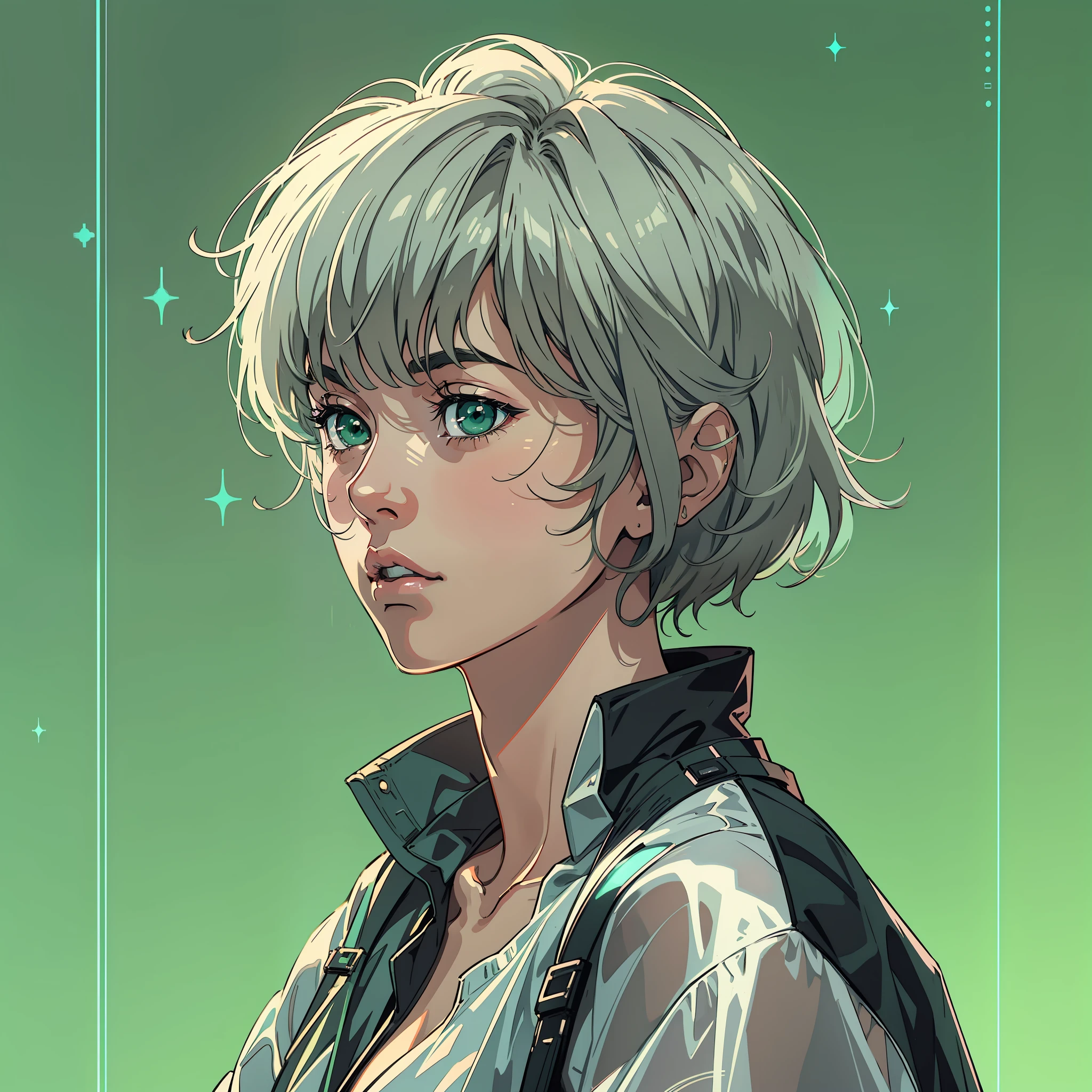 anime 80s style, 80s, Simple background, in the style of light gray and light beige, Minimalist images, Photo installations, Paleocore, green and black, hyperrealistic, Poetic intimacy, The girl is standing , short hairstyle, Futuristic clothes, Detailed Face, 8K, handsome face, transparent cloth, hyper-realism, The asteroid belt around the girl