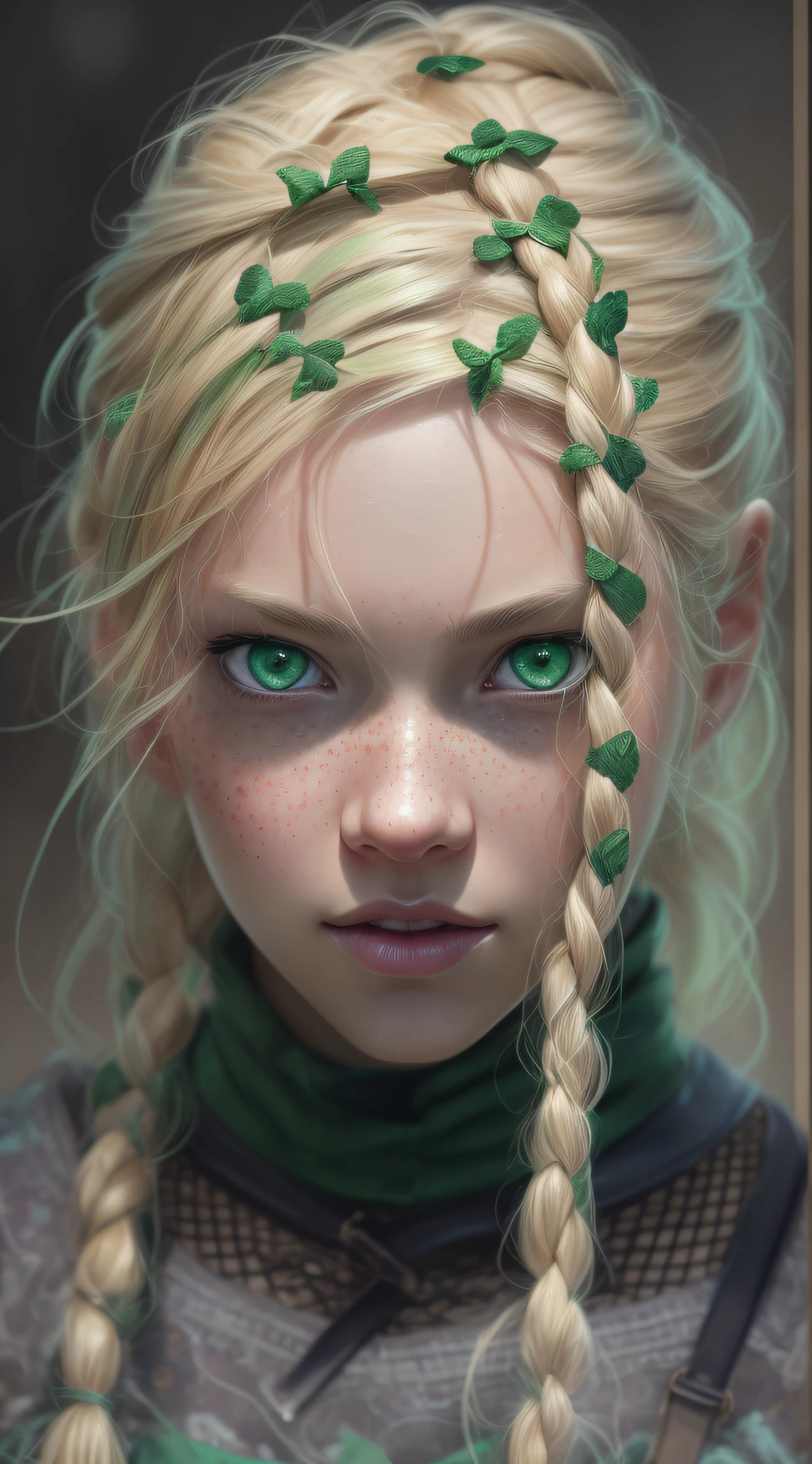 blond haired girl with green eyes and braids in a green dress, 4k highly detailed digital art, detailed digital anime art, deviantart artstation cgscosiety, stunning digital illustration, ross tran 8 k, cgsociety portrait, wojtek fus, beautiful digital artwork, stunning anime face portrait, artwork in the style of guweiz, detailed portrait of anime girl
