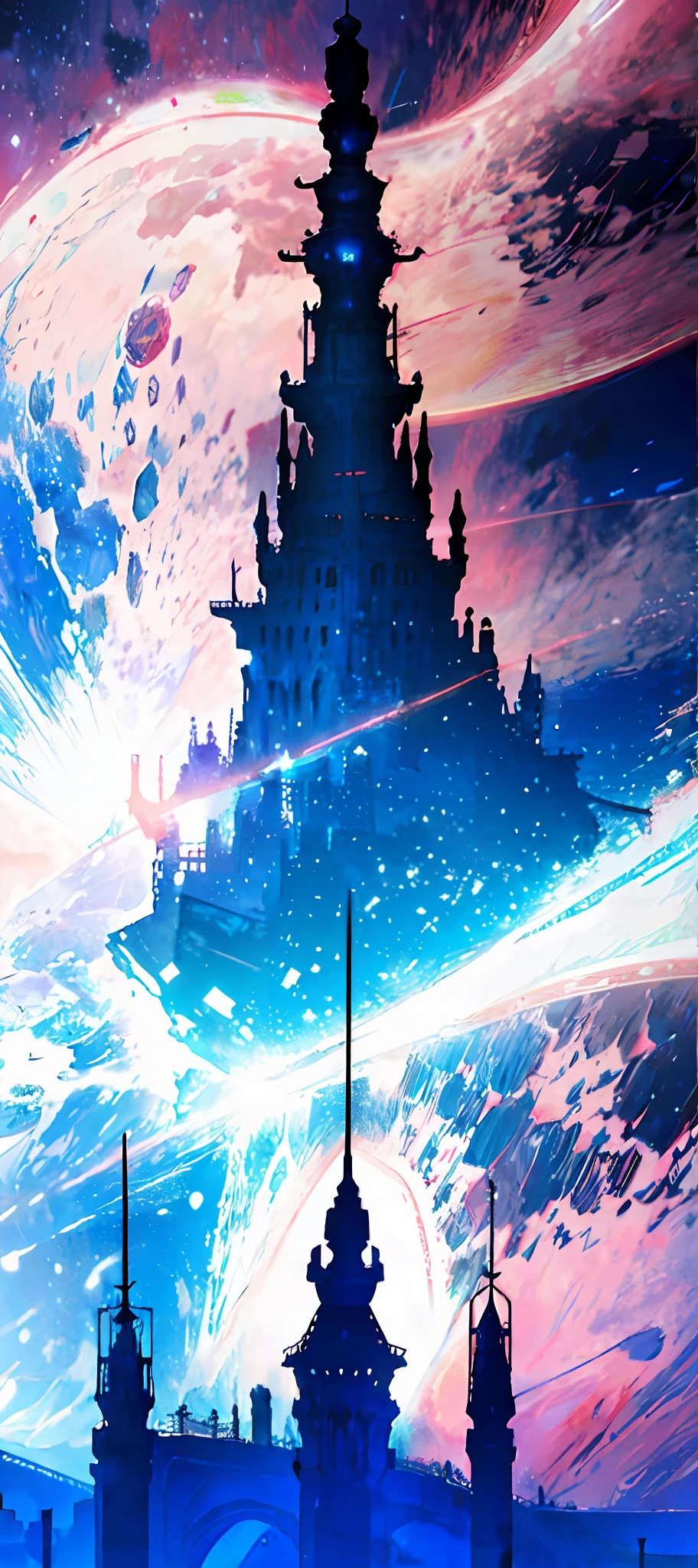 towers of god, blue towers, violet, blue, red, god, red sky, violet sky, starry sky, stars, starry towers, starry god, light blue, civilization, order