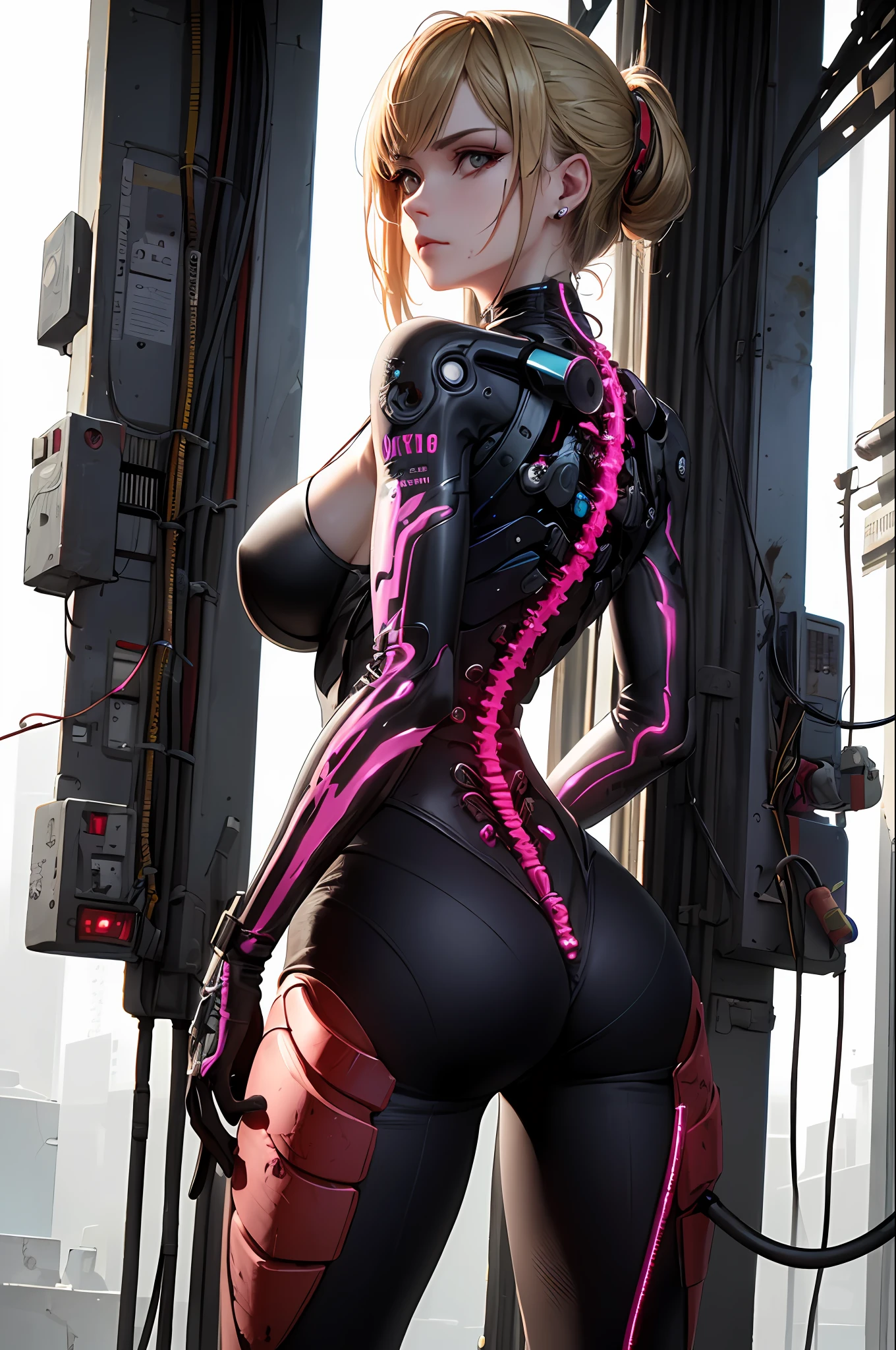 (((masterpiece))), (((best quality))), ((ultra-detailed)), (highly detailed CG illustration), ((an extremely delicate and beautiful)),cinematic light,((1cyberpunk gunsmith)), huge breasts, punk haircut, blonde hair, solo,(cowboy shot:1.2),(machine made joints:1.2),((machanical limbs)),(blood vessels connected to tubes),(mechanical vertebra attaching to back),((mechanical cervial attaching to neck)),expressionless,(wires and cables attaching to neck:1.2),(wires and cables on head:1.2),(character focus),science fiction,extreme detailed,colorful,highest detailed, loongs,fengs,background,