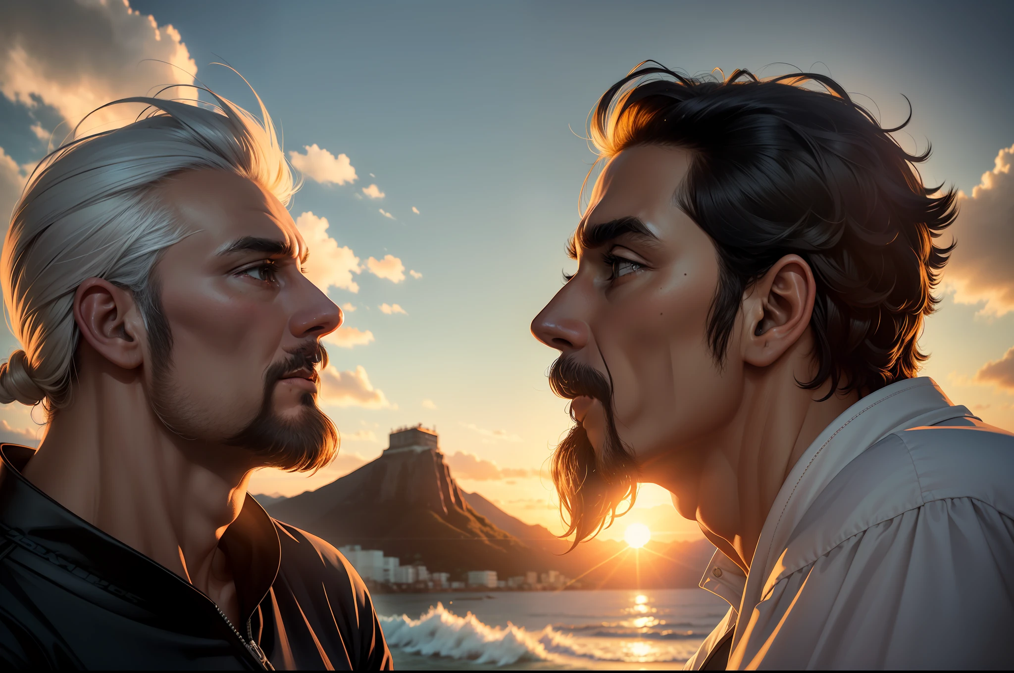 melhor qualidade, obra-prima, horizonte montanhoso, ???, sun sunset, dois homens conversando, an old elder, barba branca, velho cabelo branco, manto branco, o belo horizonte, the extremely tense and dramatic images, os efeitos visuais em movimento, o Polaris suspenso e a luz natural colorida, jovem de 30 anos, com cabelo preto, foto realista, scenic view, UHD, color grading, luz natural