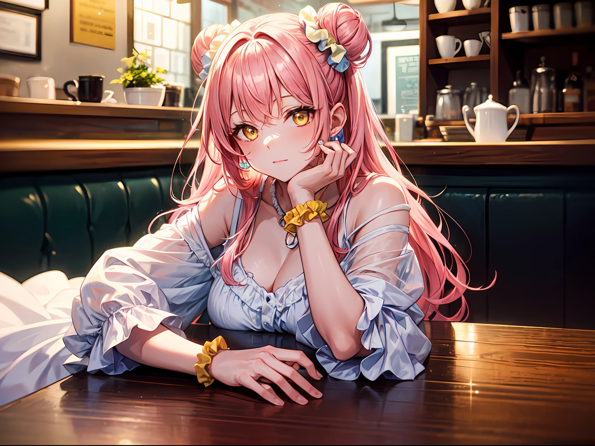 masterpiece , best quality, 1girl, solo, single side bun, pink hair, long hair, white dress, dress, wrist scrunchie, hair bun, scrunchie, yellow eyes, looking at viewer, hair ornament, upper body, (close up:1.2), sitting, indoors, cafe