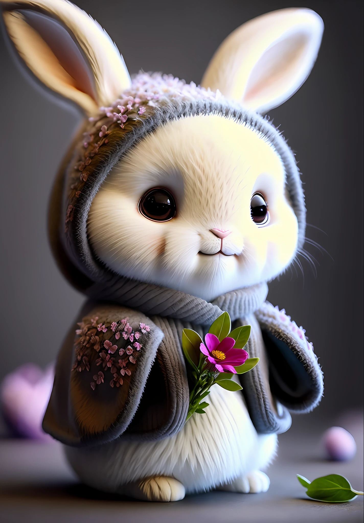 rabbit, blur, flower, natural, no_contrast, depth of field, to8contrast style, dark_glam, wearing drk_glam, deep shadows, (dark: 1.4)