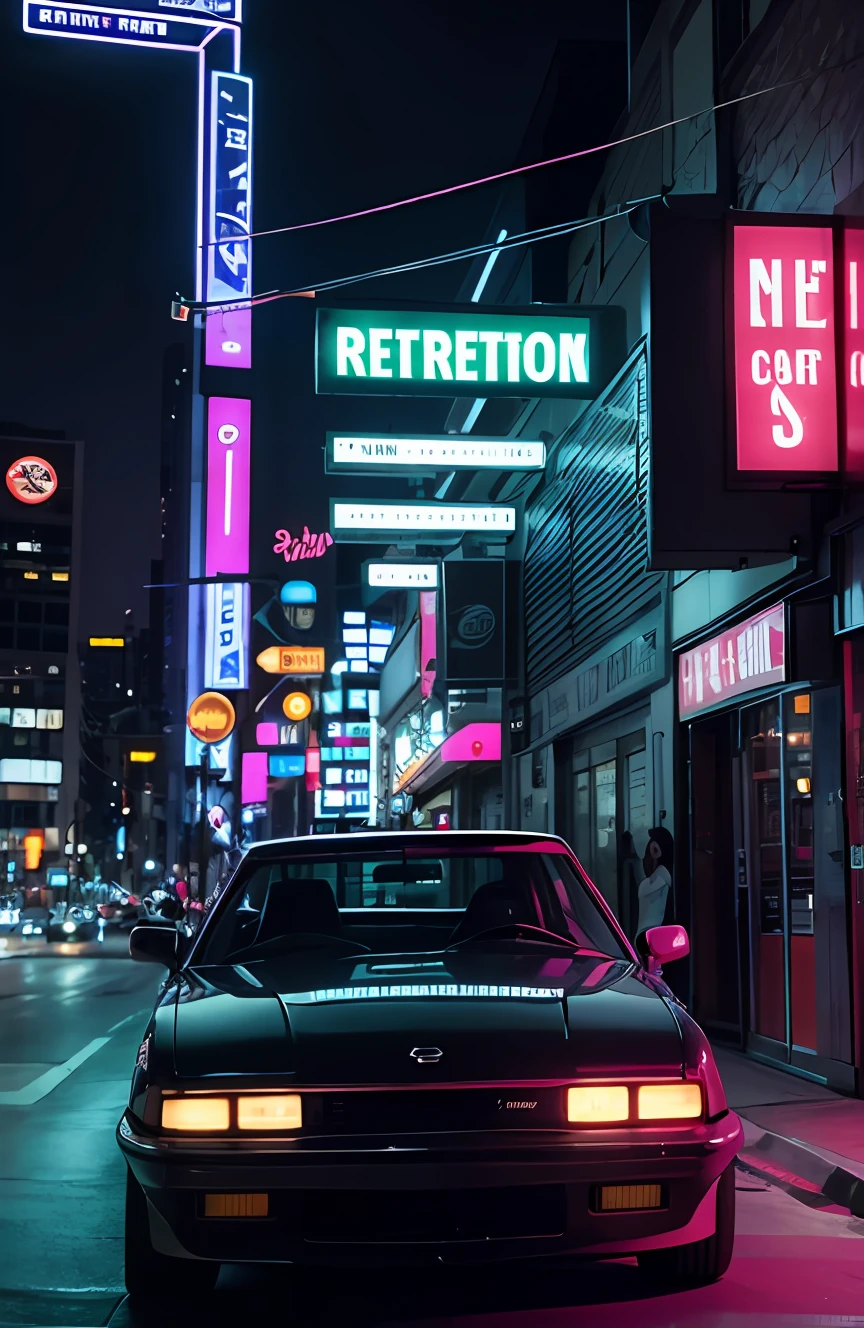 "retroonda. Cidade, Nissan S30 1985, kit de corpo largo, estrada, purple neon lights, piso, montanha, (High floor painting with impressive details)"