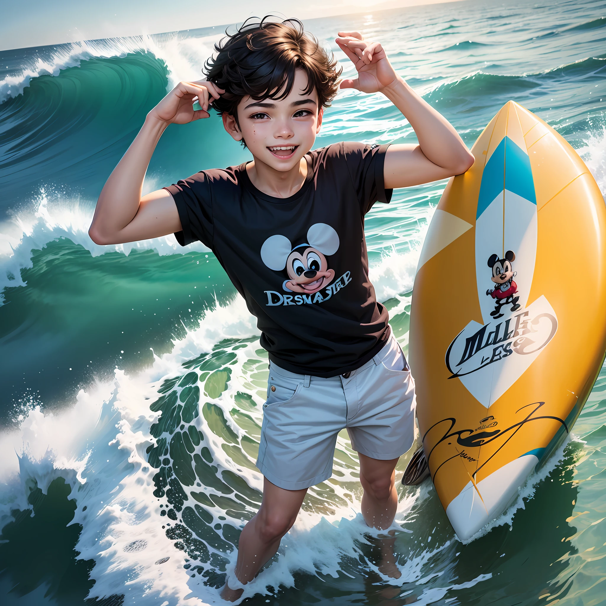 menino, 13 anos, sorrindo, cabelos negros, olhos castanhos, alegres e marcantes, surfando no mar, estilo cartoon, estilo personagens Disney, Imagem de melhor qualidade --auto