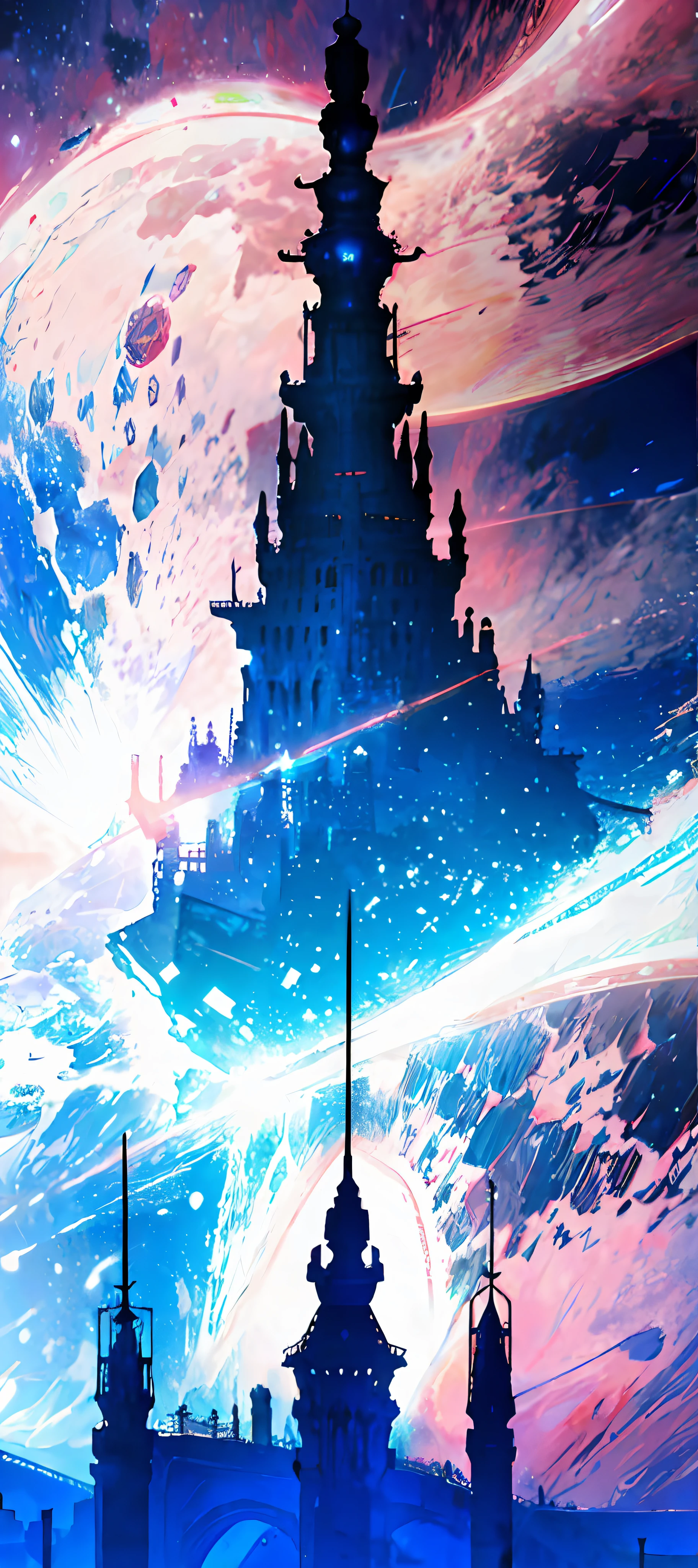 towers of god, blue towers, violet, blue, red, god, red sky, violet sky, starry sky, stars, starry towers, starry god, light blue, civilization, order