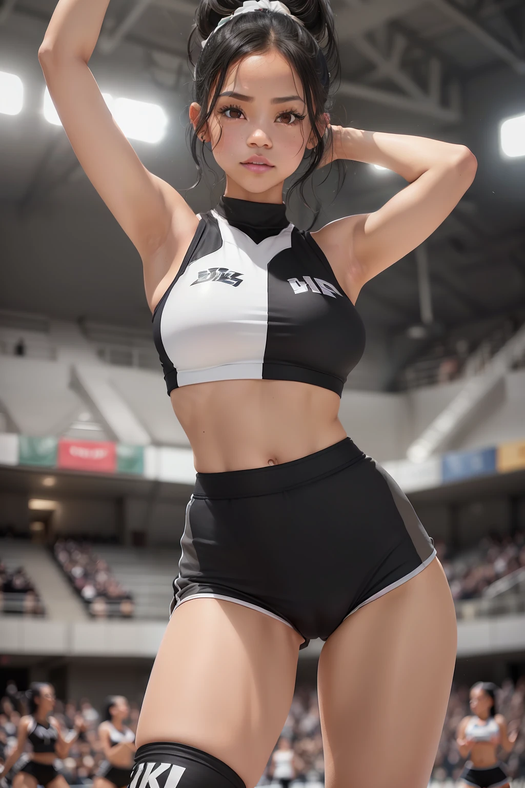 ((Jenna Ortega)), ((she has small round breasts)), (standing in a dark gym), (kleiner Kopf), ((natural skin texture)), (fotorealistisch), (Raytracing), (scharfer Fokus), ((sie ist 35 Jahre alt)), ((black and white cheerleader outfit)), ((large )) ((Areola)), ((black hair with ponytail)), ((small cameltoe))